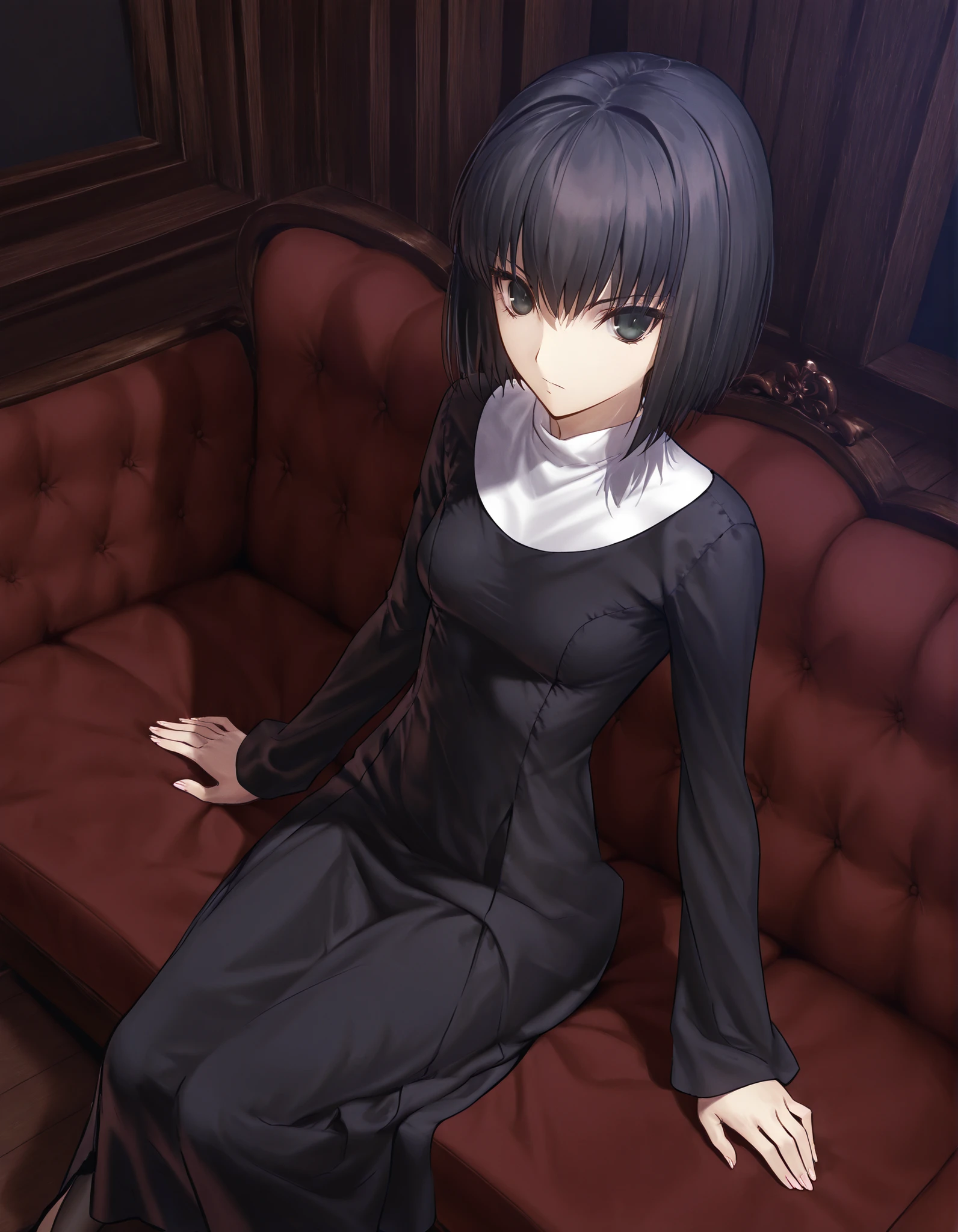 masterpiece, , absurdres, highres, detailed background, high resolution, masterpiece, necessary, detail, best quality, quality, necessary, details, High details, Precise, , indoors,(dark room, ), dynamic angle ,from above ,(), ,
1girl, solo, (type-moon,) style, koyama hirokazu style, (aged up) ,() ,(), (sitting),
tall girl, ,long arms,(slim body, ),alice kuonji, ,black nun dress, black hair, short hair, black eyes, turime ,(), (loose fit dress), ,looking at viewer, ,(very small breasts), , , silky skin ,
