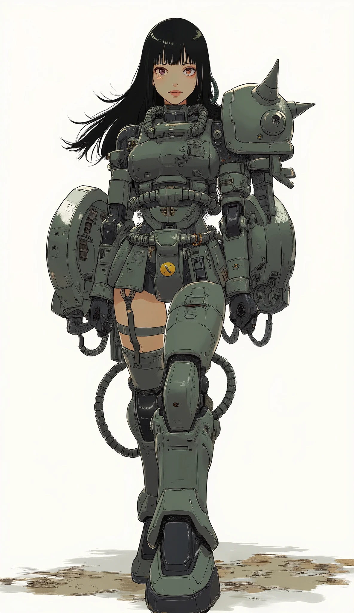 Woman wearing zaku armor, front、Zaku、running off the floor、standing confidently ,shining scale-like skin, Zaku, Female Mecha, Gundam style,Japanese anime、dark haired、full bangs、popular hair、BIG BREASTS、zaku、simple white background