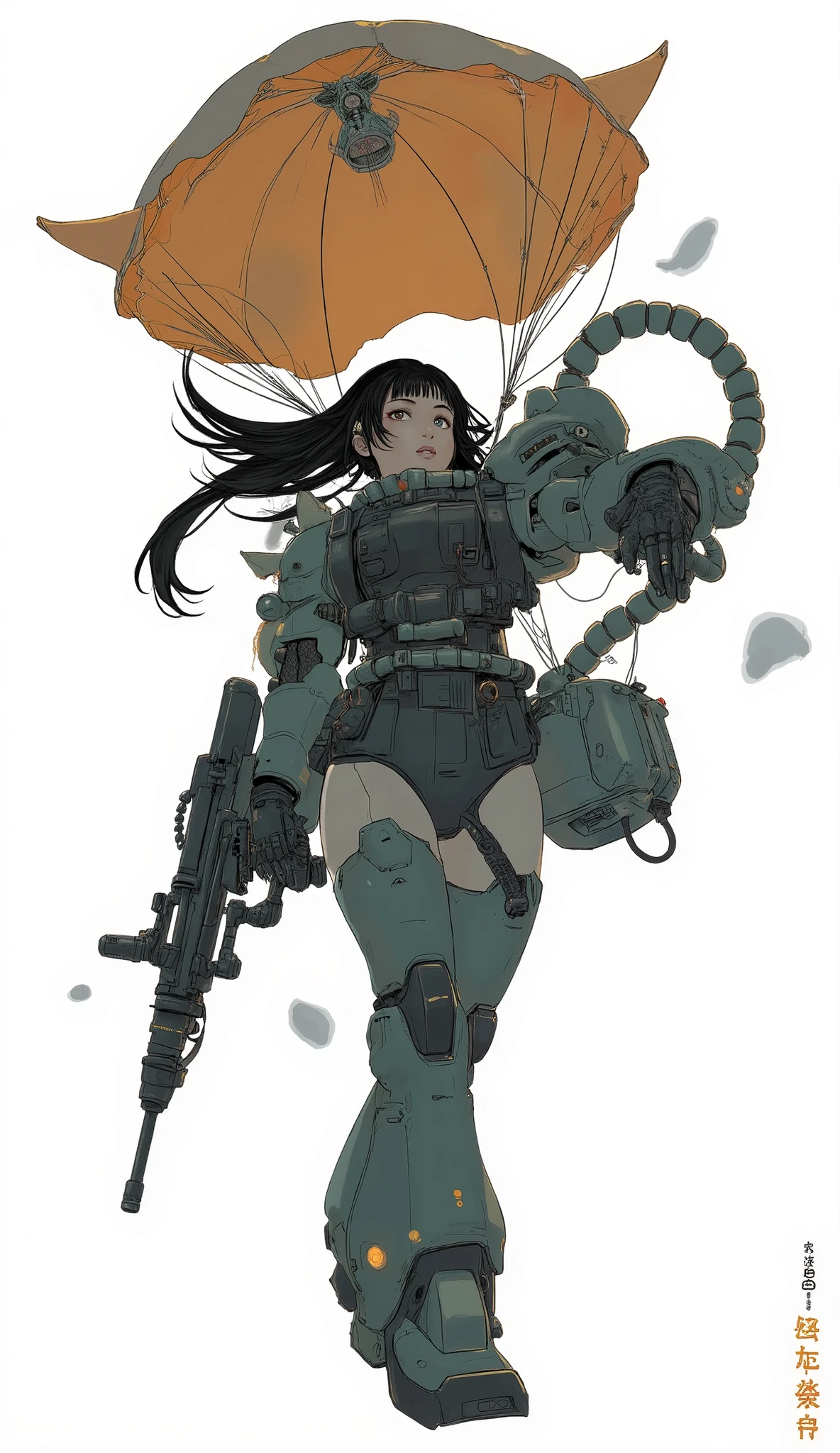 Woman wearing zaku armor, front、Zaku、Descending with a parachute、Hold up a retro machine gun、standing confidently ,shining scale-like skin, Zaku, Female Mecha, Gundam style,Japanese anime、dark haired、full bangs、popular hair、BIG BREASTS、zaku、simple white background