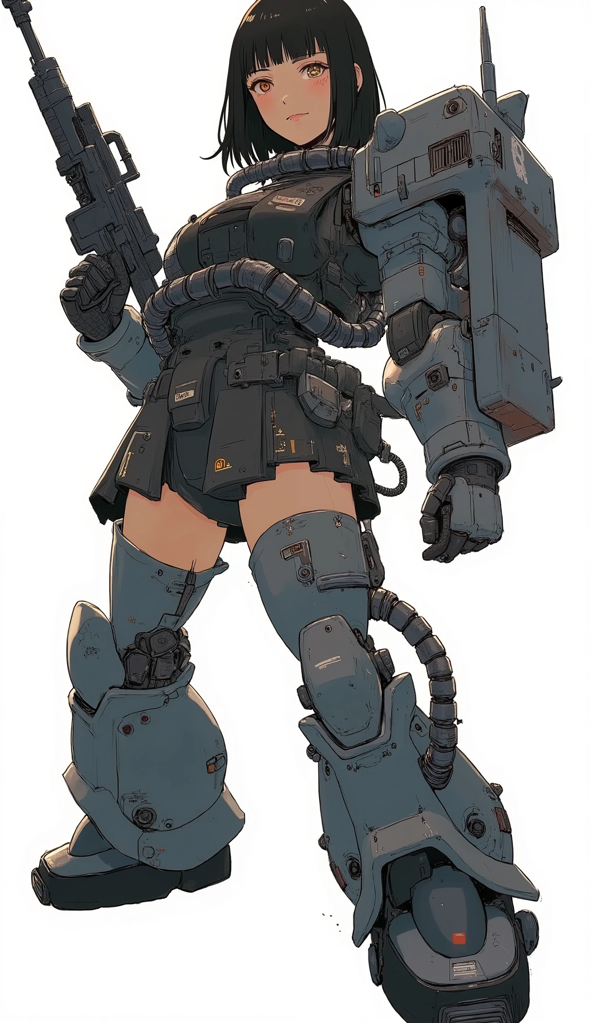 Woman wearing zaku armor, front、Zaku、Hold up a retro machine gun and advance while being alert、standing confidently ,shining scale-like skin, Zaku, Female Mecha, Gundam style,Japanese anime、dark haired、full bangs、popular hair、BIG BREASTS、zaku、simple white background