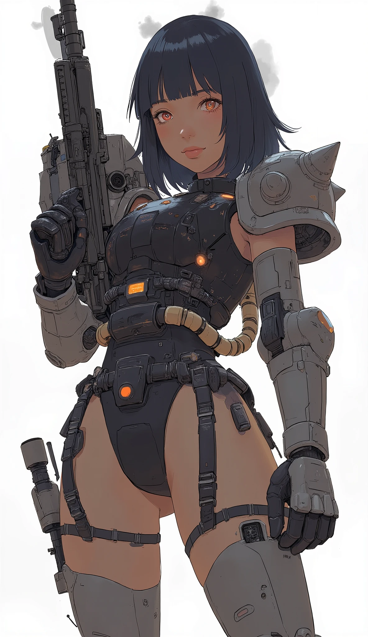 Woman wearing zaku armor, front、Zaku、Hold up a retro machine gun and advance while being alert、standing confidently ,shining scale-like skin, Zaku, Female Mecha, Gundam style,Japanese anime、dark haired、full bangs、popular hair、BIG BREASTS、zaku、simple white background