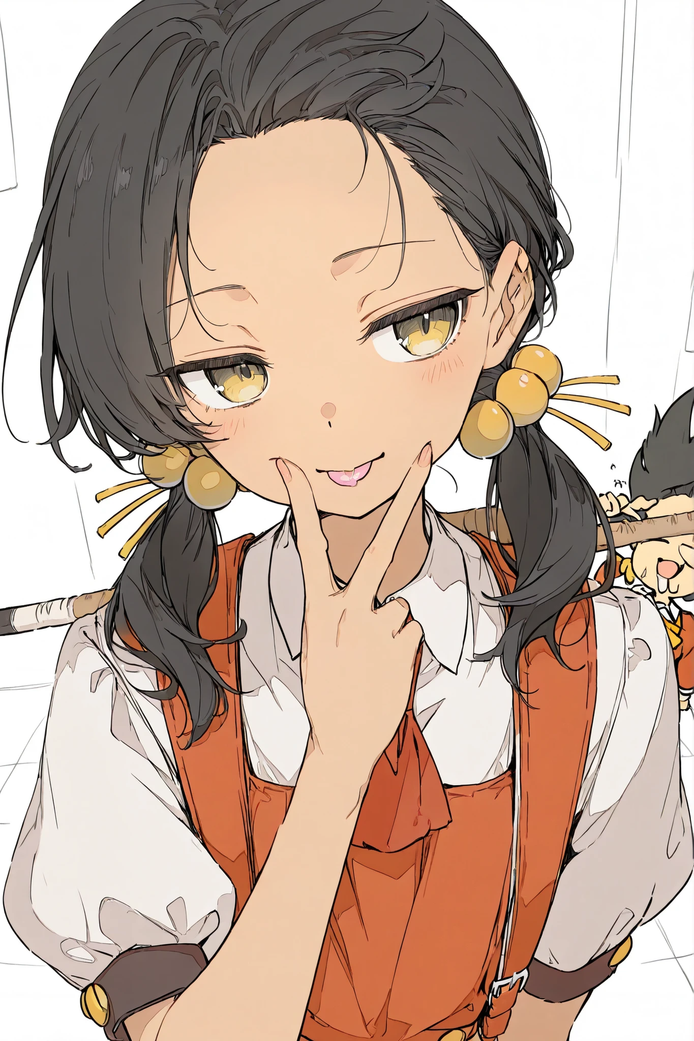 ,(kaaiyuki-default,kaai yuki,yellow eyes,black hair,short low twintails,) 、soft touch、cute girl、Look over here over your shoulder and stick out your tongue。