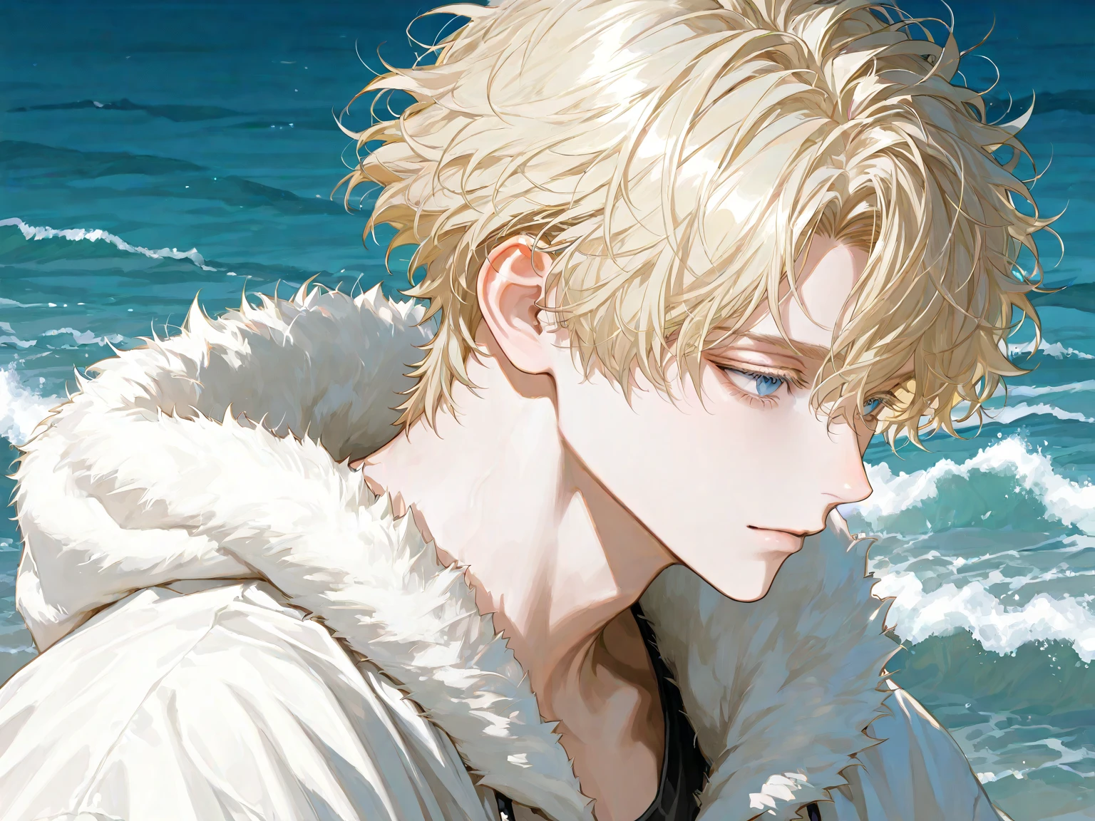 Anime characters standing on the beach，Surfboard in hand, Have by the sea, Handsome anime pose, in beach, with cape, full body portrait of a short!, thancred waters in style of wlop, trending on artstation pixiv, standing at the beach, sandbeach, in the beach, male art, on  the  beach
