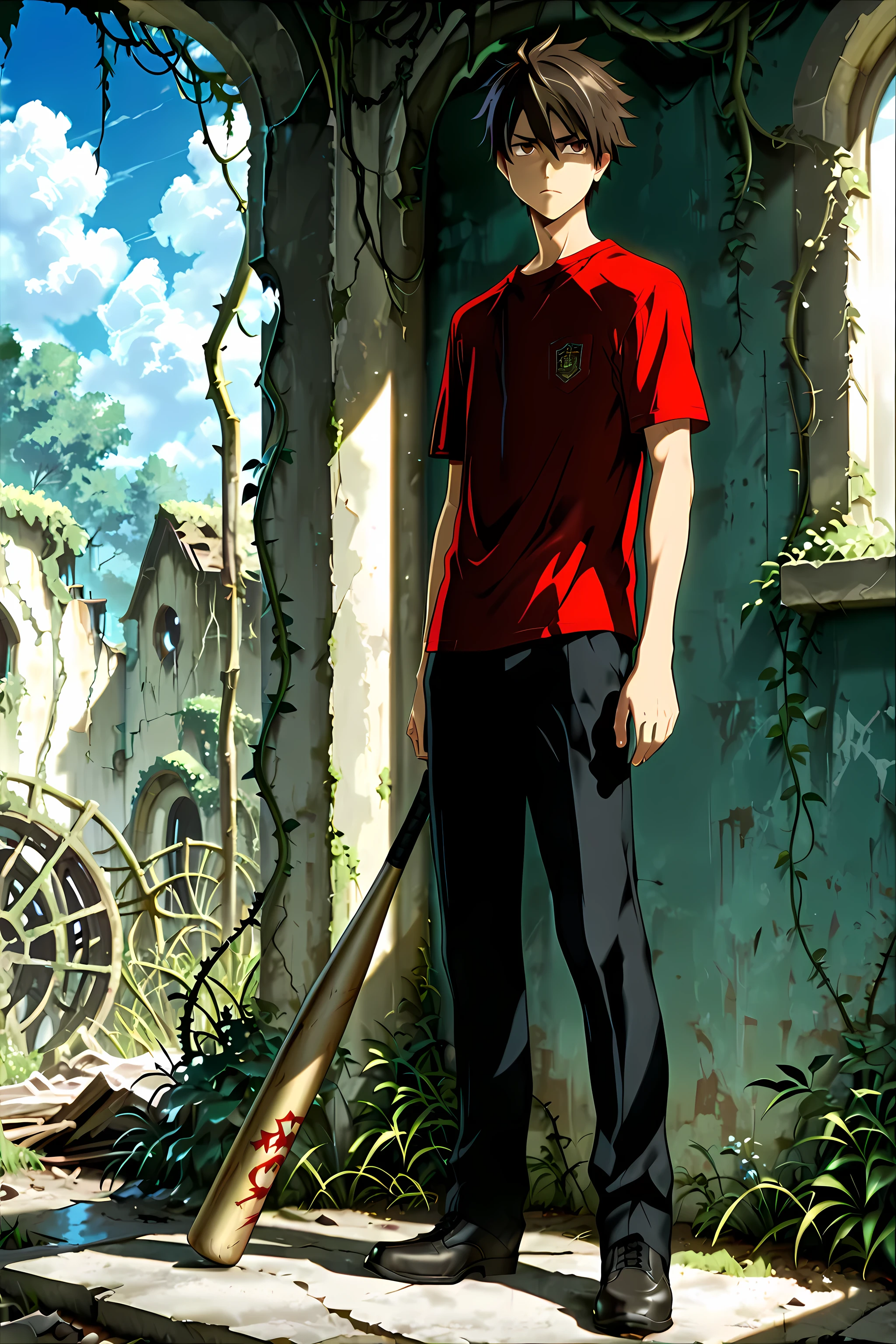 (masterpiece, absurdres, detailed:1.2), anime style, best quality, Ultra High Resolution, intricate detail, ( medium figure scale:1.3 ), 
1boy, Takashi Komuro, perfect face, cute face, clear and beautiful detailed eyes, brown eyes, short hair, black-brown hair, detailed skin, 
male focus, school uniform, gakuran uniform, open gakuran, red t-shirt, black pants, black boots, perfect hands, 5 fingers, dynamic pose, perfect body, Excellent body proportions, perfect , full body,
holding a baseball bat, post-apocalyptic school setting, destroyed classroom, overgrown vines breaking through windows, serious expression, Zombie, zombies lunging at him, debris scattering, survival horror, High-tension atmosphere,
sunny day, sky, clouds, cinematic composition, soft lighting, Cinematic Lighting, deep shadows, Bright colors, 