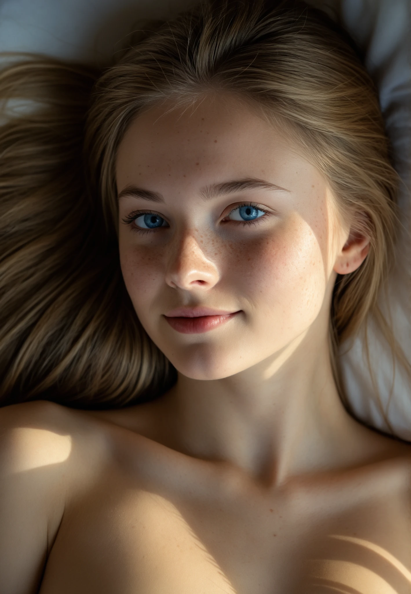 masterpiece, ultra realistic , Photo, stunning beautiful 17 year old girl, (slavic girl:1.3), naked, , Photo верхней части тела, extra long hair, tender body, Little face, slim, blue eyes, naked, Lying on my stomach, chin lying on arms, subtle backlight diffused by soft morning light, soft scattered country light around her, skin info, realistic skin texture, blush, grainy texture of the film, raw любительский стиль, gentle smile dances, nature, raw, HDR, complex parts, 4k, very detailed skin textures, shy smile, bluish diffuse light, freckles, moles, scar on forehead