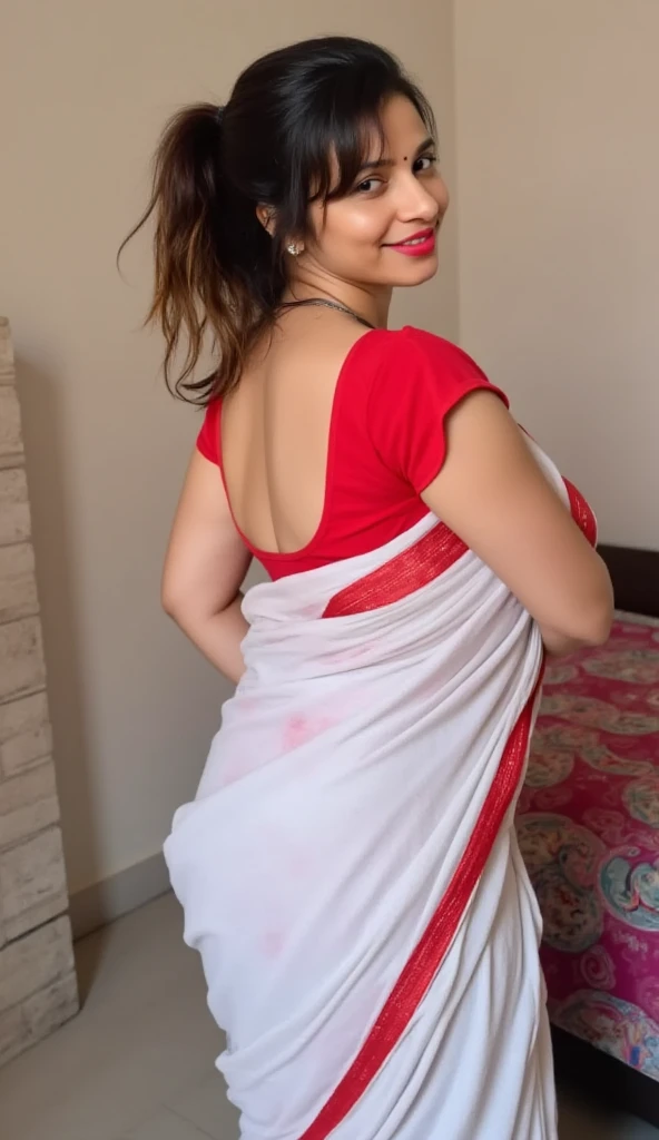 ((whole body,   curvy character  )), ((Indian Mature Woman, Indian women, Mature Woman)), (((Hyper-Reality))) photo,  masterpiece,   high quality , (pale), ( super detailed的面部和眼睛:1.2),  1 girl working part-time, aldult, (( Wear a slightly smaller sari )),  strapless saree top , ((Heavy eye makeup, Mascara)), ((Fake delicate lips)), ((Shiny wavy hair )), ((Stylish hairstyle)) , (({巨 large |huge| large |巨 large |Trillion|Fake} Push up chest )), ( Very slim waist ). ((巨 large 乳沟)), photo拍摄, (Soft) illumination, (The interlacing of light and shadow ), Depth of Field, Bokeh, ( Pay special attention to skin details: 1.2), ( Pay particular attention to the size of large breasts: 1.2), (((Pay special attention to extra tight clothing sizes: 1.2))), Detailed Textures,  skin pores , Oily skin. (The atmosphere of the picture .), DR, (( movie particle )), ((ray)), (glare), (( Sexy figure )) ,  super detailed, ((Oily skin,  oily body,  shiny skin ))(( put your hands behind your head ,   curvy character  , posture, Erotic, Erotic微笑, )) ((white saree  ))(( permanent,   curvy character  ))