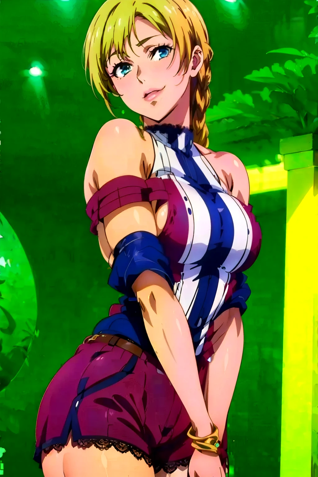 (masterpiece, best quality, high resolution, 8k:1.2), (anime coloring, official art:1.3), highly detailed CG Unity 8K wallpaper, perfect Lighting, colorful, bright_front_face_lit, shiny skin, high resolution, 4k, Super detailed, photo shoot, 8K, HDR, High resolution, (disorganized:1.2), kodak portrait 400, film grain, blurred background, (Bokeh:1.2), Lens flare, (lively_color:1.2), (perfect face, perfect eye), perfect body, beautiful body, beautiful skin, beautiful breasts, beautiful legs, beautiful hands, beautiful face, beautiful eyes, symmetrical eyes, (1 girl), (realistic face:1.2), (smile), (natural lips:1.2), (slim, lanky), (tanned skin:1.1), (gal makeup, false eyelashes, pink gradient eyeshadow:1.2), (long hair), (wavy hair:1.3), (fingernails, nail polish), ((red knit, halter neck, (lace:1.2), sleeveless, off shoulder, (sideboob:1.3), arm, (navel:0.5), shorts), bracelet, jewelry, boots, gal fashion), (japanese city, shibuya city, day, blue sky), (cowboy shot:1.2), smile, (looking at viewer), dutch angle, subtle fine shimmer, seamless blend, two-tone layered eyeshadow technique,