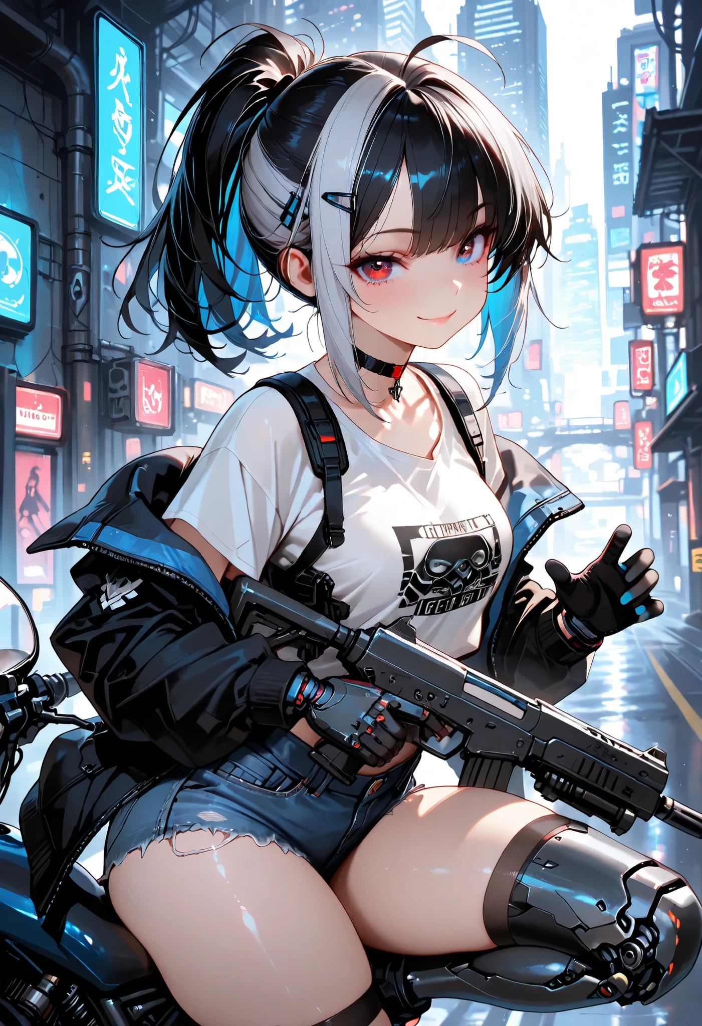 masterpiece, Top Quality, high image quality, 1 girl, solo, cartoon, Completely_soldier_2k24 ,best quality ,A perfect masterpiece,((perfect artwork)),16k,medium hair,unruly hair,ahoge,wispy bangs,(two-tone hair,Silver Hair,Black Hair),white T-shirt,Denim hot pants,blue jacket,cyberpunk,cybercity,mechanical Arms,mechanical legs,red eyes,(sharp eyes),(Motorcycle Goggles),choker,cool,ponytail,mechanical eyes,((gripping a gun)),beautiful detail face, Ultra-high definition beautiful face, big eyes, Glittering Eyes, detail eyes, shiny skin, Ideal Ratio Body Proportion, Highly detail hands, Graceful, slender fingers, Natural hand anatomy, Smooth and Perfect Skin Texture, nail details, Delicate, well-proportioned fingers, Intricate Details with Delicate Lines, detail hair texture, provocative, thick face,Softly flowing hair, Lens Flare, bright colors, (masterpiece, detail:1.2), ultra-detail, 16K resolution, high resolution, high quality, Highest Quality,(fighting stance),combat gear,tactical clothes,evil smile,hairclip,