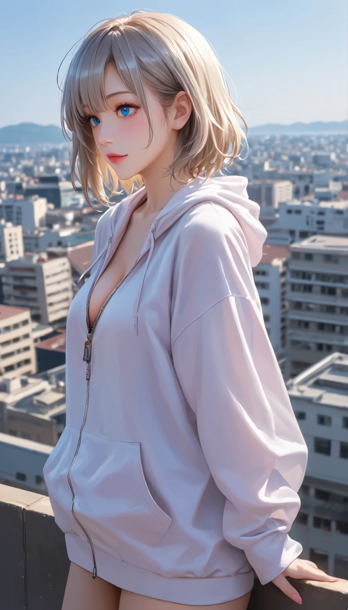 Masterpiece, High Quality, Highly Aesthetic, Absurd, Latest, (Realistic), 1girl, The girl is lost in thought, with the nightscape as her backdrop at dusk. A side view of the girl gazing down at the nightscape, a photograph of her pensive silhouette at twilight. The city's reflected light casts a dim glow, stretching her shadow long. She wears a hoodie loosely over bare skin, the zipper half-open revealing a hint of cleavage. Apply a dreamy filter; capture a photo that feels real yet emotionally charged).((Portrait)), A woman in white clothing,((Hoodie over bare skin)), Gwise-style work, gwise masterpiece , Detailed digital anime art, White-blonde girl, gray hair, sky-blue eyes inserted, pink lips, cleavage, rooftop of an urban building, ((Late night)), (Portrait, side view, profile, full body) ローアングル, ((首を軽く傾ける、タバコを咥える、椅子に浅く座る、足を組む、アンニュイな表情))