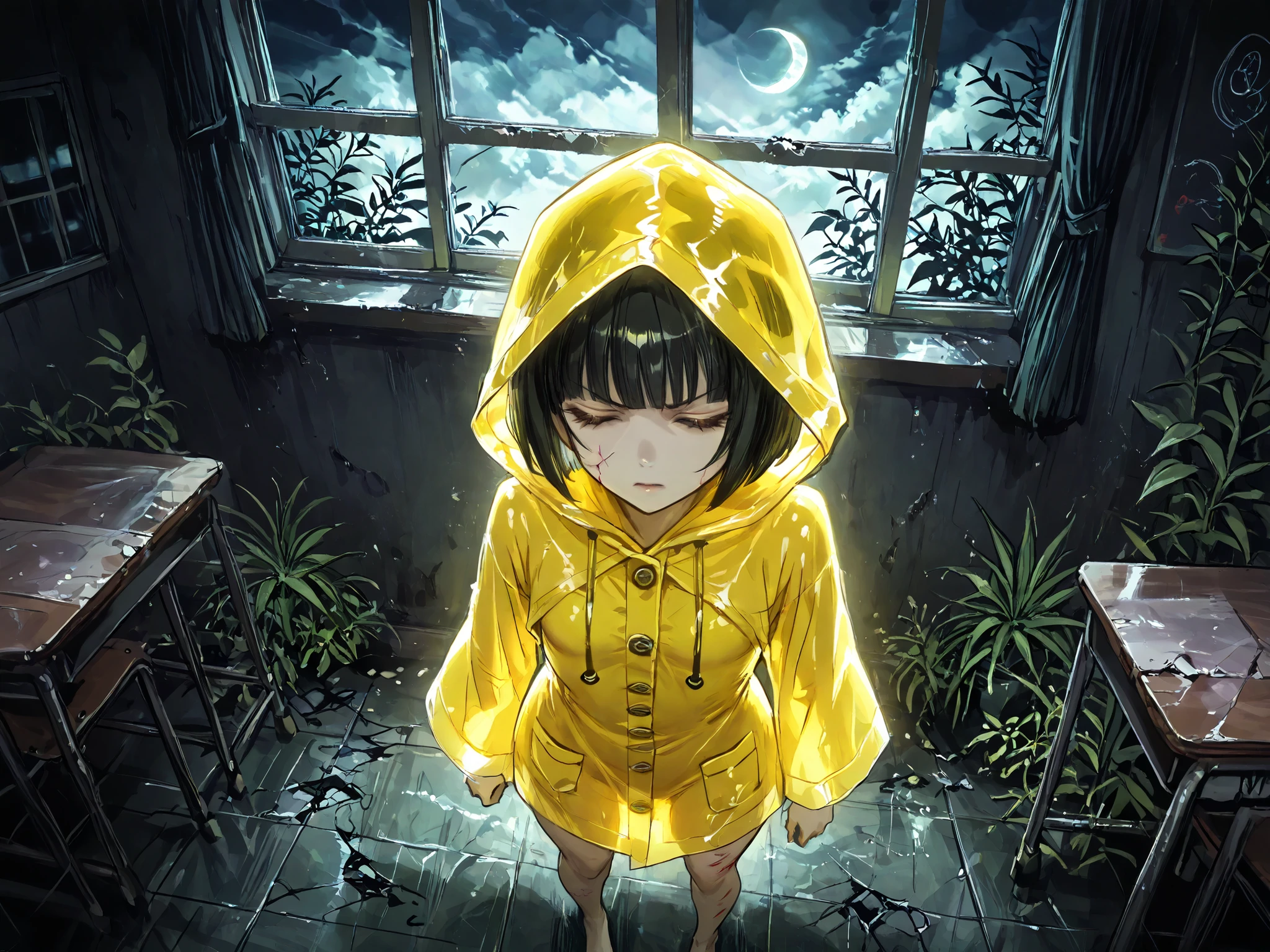 Six \(Little Nightmares\) A young female A young girl in a yellow raincoat, She wears a bright yellow raincoat that ends just above her knees with three buttons, two pockets, and a rhombus-shaped hood. appearing to be between 8-10 years old. she has messy black bob-cut hair with long bangs that completely obscure the top half of her face, She has a fair skin tone, with a slightly rounded face. Classroom, daytime, cloudy day, glowing theme, desks and walls are destroyed and damaged by time, post-apocalyptic, plants growing, The background is a haunting blur of ghostly figures—pale, indistinct souls drifting in the mist, 1girl, solo, glowing eyes, goth, evil vibe, Window, walls, closed stage, petite build, shadowed body, flat chest, bird's eye view, slim body, slim hips, night sky, cloudy sky, crescent moon, expressionless, hoodie, annoyed, injury, closed eyes, black hair, bob-cut hair, small breasts, fullbody, barefoot, female focus, soft skin, grimdark,horror, epic composition, clothing texture,  beautiful face, beautiful girl, beautiful body, beautiful hair, Masterpiece, very aesthetic, perfect composition,Artistic Horror, Detailed Horror Art