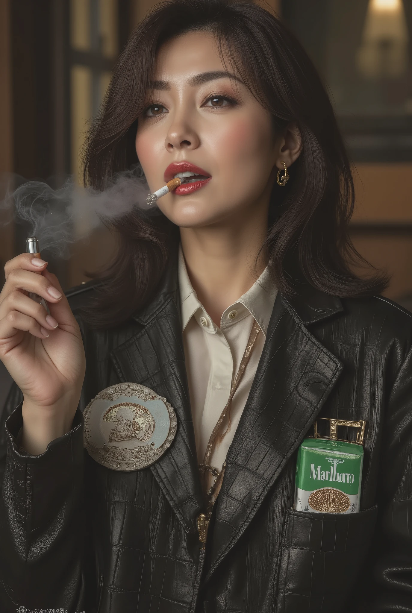 Beautiful mature woman, 45 years old, (Smoking: 0.8), (Holding a cigarette in her mouth), SEX, ((((Ultra-realistic image of a green and white Marlboro Menthol box))), ((Holding a Marlboro Menthol box in her hand), ((Placing a Marlboro Menthol box in her breast pocket), Wearing a crocodile leather racing jacket with a Marlboro leather patch, ((Holding a green and white Marlboro Menthol box between her chest and cleavage), ((((Ultra-detailed, Exquisite detail, Ultra-clear, Ultra-high resolution, High resolution, Exquisite detail, Exhaling smoke from her mouth and nose))), Standing with a green and white Marlboro Menthol box, ((Ultra-detailed, Exquisite detail, High detail, Key Details, ultra high quality, high resolution, exquisite, wearing lipstick with brown filters and holding a cigarette in her mouth), ((blowing cigarette smoke into her face, secretly lighting the cigarette and starting to smoke)), ((hostess). Sex, beautiful woman, (Chanel Big Matelassé Black Caviar Leather Bag), (holding a Marlboro Menthol pack in her breast pocket), (holding a green and white Marlboro Menthol pack between her breasts and cleavage), (high resolution, important details... surreal image of a green and white Marlboro cigarette pack), (surreal image of a green and white Marlboro cigarette pack), (holding a Marlboro Menthol pack in her breast pocket), (holding a Marlboro Menthol pack in her hand), (wearing bright red lipstick and holding a brown filter cigarette in her mouth), (exhaling a large amount of cigarette smoke), (holding a green and white Marlboro Menthol pack in her hand, (Chanel Matelassé Cigarette case), (Chanel Coco logo encrusted in gold and diamonds), ((Pack of Marlboro menthol cigarettes in breast pocket)), (Chanel luxury lighter), ((Meticulous detail, important detail, ultra high definition, high resolution, exquisite, brown filter cigarette in mouth)), ((Smoking)