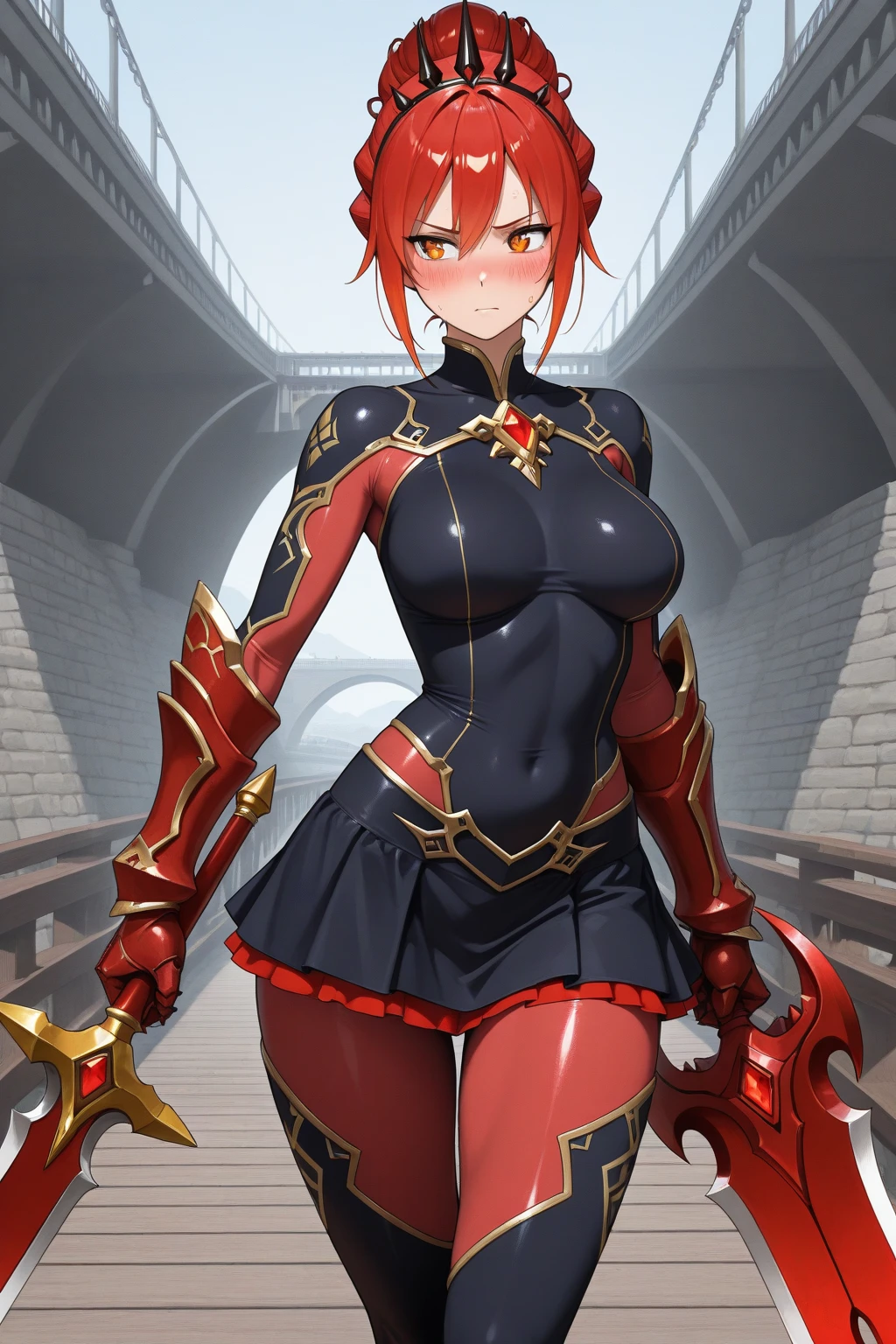 masterpiece, best quality, absurdres, highres, newest, 1girl, solo, <lora:pyra-xb-richy-v1_ixl:1> prrnd, red eyes, red hair, short hair, tiara, earrings, large breasts, parted lips, outdoors, fantasy, red tabard, bodystocking, belt, armband, sideboob, looking at viewer, castle, holding sword, smirk, gauntlets,