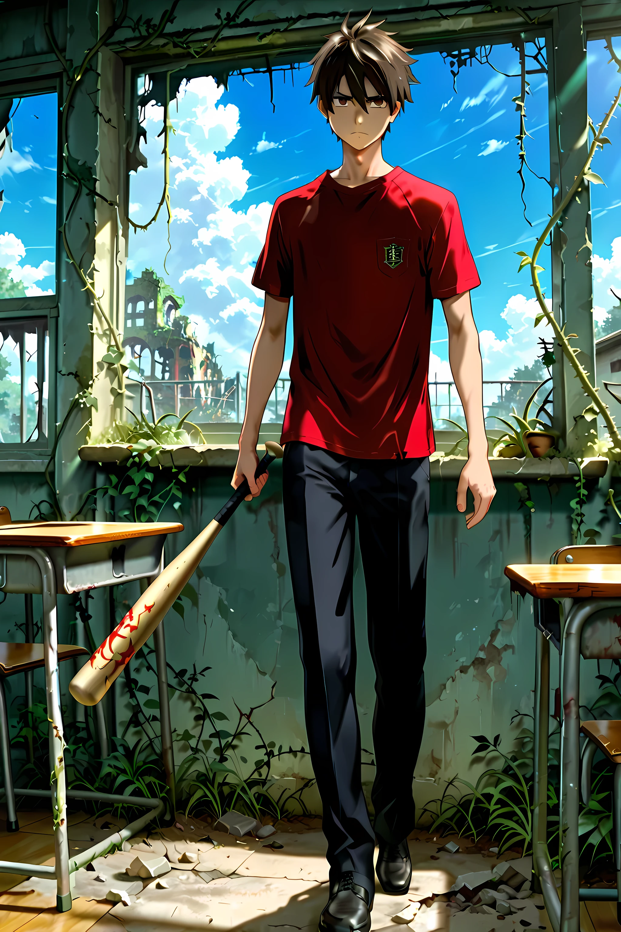 (masterpiece, absurdres, detailed:1.2), anime style, best quality, Ultra High Resolution, intricate detail, ( medium figure scale:1.3 ), 
1boy, Takashi Komuro, perfect face, cute face, clear and beautiful detailed eyes, brown eyes, short hair, black-brown hair, detailed skin, 
male focus, school uniform, gakuran uniform, open gakuran, red t-shirt, black pants, black boots, perfect hands, 5 fingers, dynamic pose, perfect body, Excellent body proportions, perfect , full body,
holding a baseball bat, post-apocalyptic school setting, destroyed classroom, school desk, overgrown vines breaking through windows, serious expression, Zombie, zombies lunging at him, debris scattering, survival horror, High-tension atmosphere,
sunny day, sky, clouds, cinematic composition, soft lighting, Cinematic Lighting, deep shadows, Bright colors, 