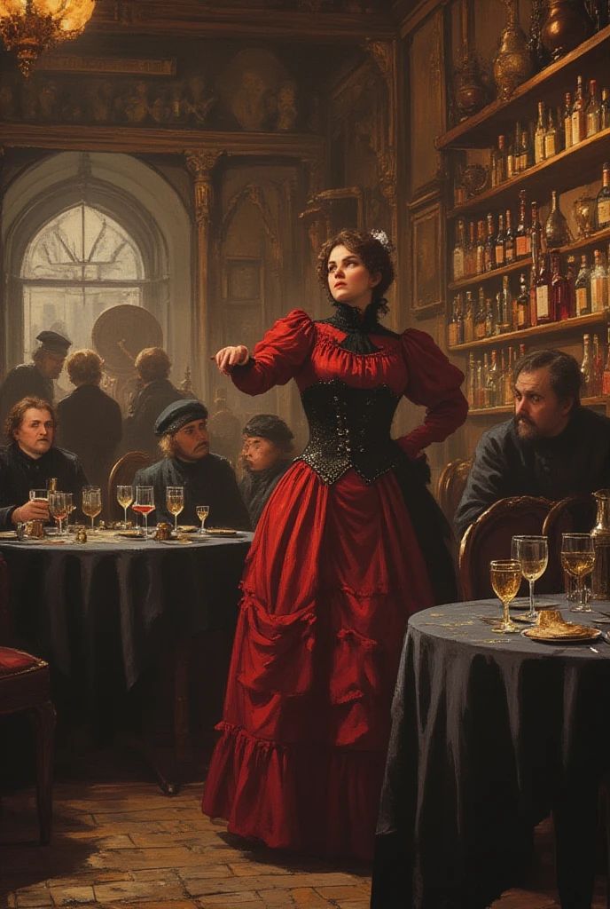 , 19th Century style,
Oil painting, 
painted by William Adolphe Bouguereau,
law light, dark,
, real textured skin,
Expressiveh, (realistic), OverallDetail,
dramatic scene,

19th century, 
(slums:0.5),
in a cheap tavern in 19th century Paris,
At dusk,
poor workers gather, 
girl standing, 

1girl, 
very cute girl,
(she is very young, low  girl:1.5),
(she is wearing red skirt and unbleached collared shirt), The girl's clothes are worn out and beggar-like dirty,
she is blond very long hair, 
beside her is a man speaking to her, 
indoor, 
the girl is facing viewer, 
She opened the front of her shirt with her own hands and  her , 
She's a cheap , 
even a poor man can have her, 
(she smile:0.5),