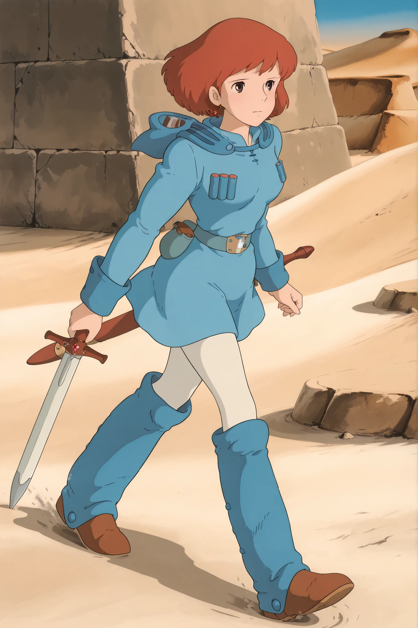 (Masterpiece, top quality, 8k, High quality anime, detailed and accurate anime poster, Studio Ghibli style, High sense), Nausicaa, 1girl, very beautiful, ((solo shoot)), Single Shoot, very cute, (adorable face, very kind ness), wandering wide desert, wind blow, medium sword, Exotic atmosphere, brave face, orange hair, short hair, ((elegant short bob cut)), dark brown eyes, beautiful clear eyes, Red Gemstone Earrings, beautiful breasts, beautiful legs, perfect body balance, perfect beauty, slender body, (looking at me), beautiful desert Scenery, Beautiful dessert scenery, stone wall, front view, hood, white leggings, short blue dress, chest bullet holder, long_sleeves, belt, silver buckle, blue leg warmer,knee boots, felt shoes, pouch, scabbard, white tights, VWNausicaa, 1girl, orange hair, short hair, brown eyes, medium breasts, running down sand hill, very cool scene, ready sword,
