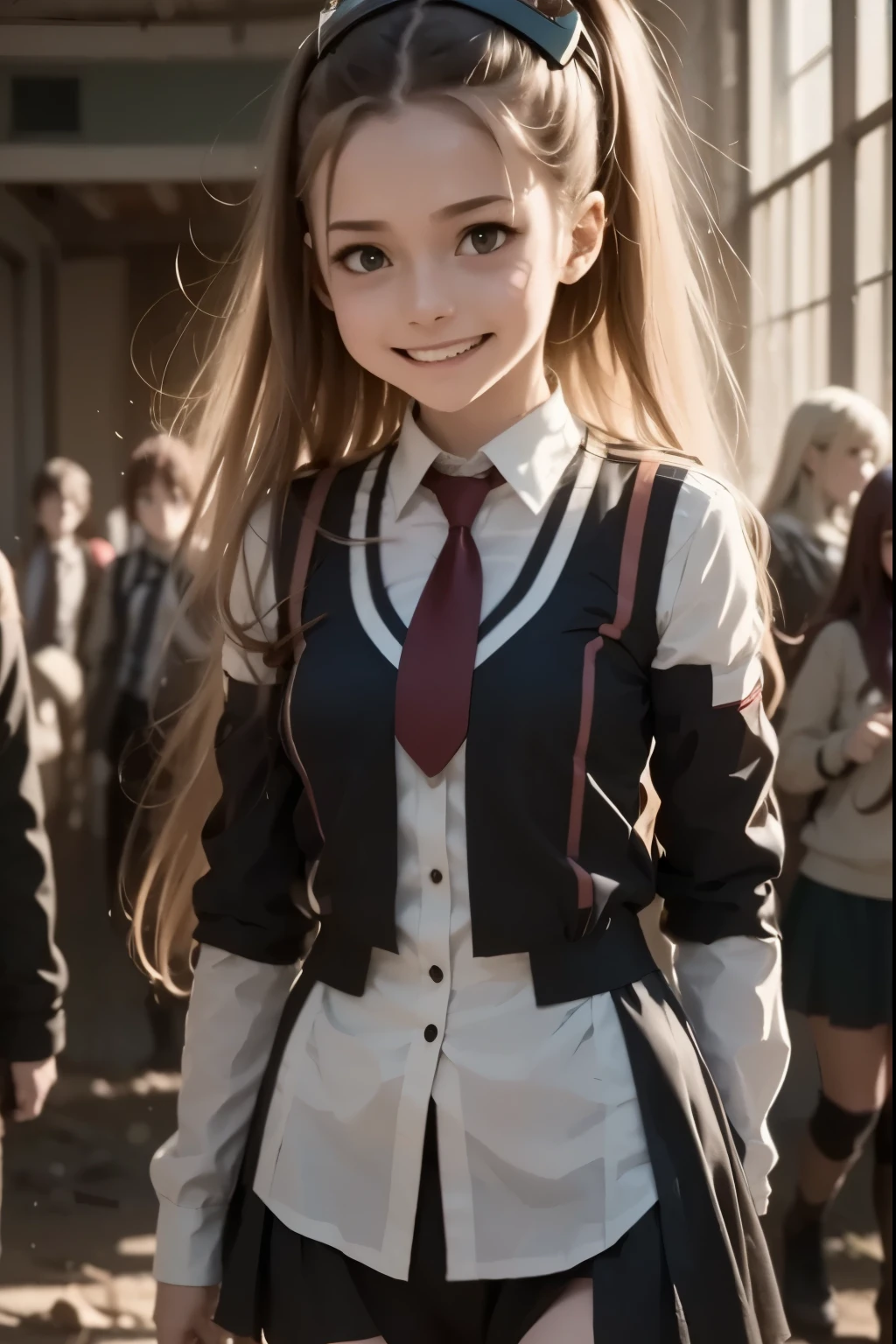 Bright Sci-Fi Anime (like My Hero Academia) , Depict a class of students with genetic powers in a destroyed high-tech school. Each student has a unique ability and a personalized costume.
