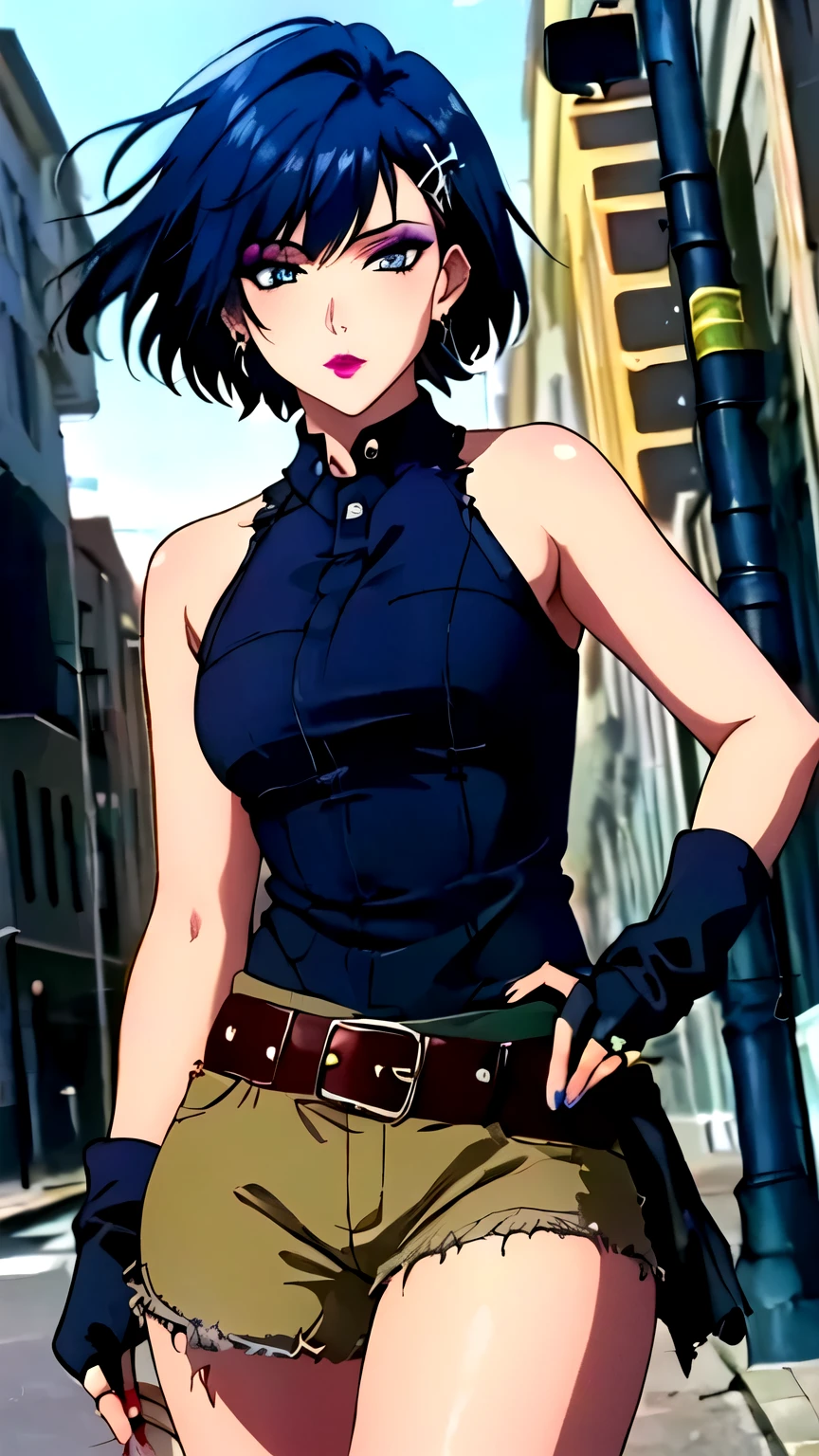 (masterpiece, best quality, high resolution, 8k:1.2), (anime coloring:1.2), highly detailed, tachibana, (medium breasts), blue eyes, short hair, blue hair, beautiful eyes, perfect eyes, fine eyes, brown eyes, featuring big highlights, detailed face, highly detailed, fine eyes, (beautiful face, beautiful eyes, symmetrical eyes), (mature face), 1girl, alone, (street rock fashion, (ripped clothes:1.3), thighs, fingerless gloves, fedora, belt, earrings, street corner), (makeup, false eyelashes, hair ornament, earrings, natural lip:1.4), looking at the viewer, in the center of the image, (cowboy shot:1.2), dutch angle,