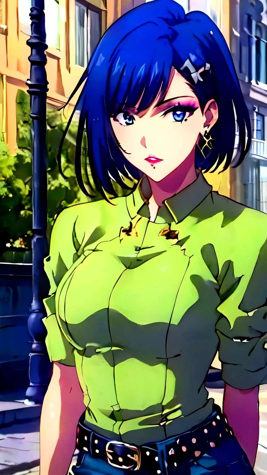 (masterpiece, best quality, high resolution, 8k:1.2), (anime coloring:1.2), highly detailed, tachibana, (medium breasts), blue eyes, short hair, blue hair, beautiful eyes, perfect eyes, fine eyes, brown eyes, featuring big highlights, detailed face, highly detailed, fine eyes, (beautiful face, beautiful eyes, symmetrical eyes), (mature face), 1girl, alone, (street rock fashion, (ripped clothes:1.3), thighs, fingerless gloves, fedora, belt, earrings, street corner), (makeup, false eyelashes, hair ornament, earrings, natural lip:1.4), looking at the viewer, in the center of the image, (cowboy shot:1.2), dutch angle,