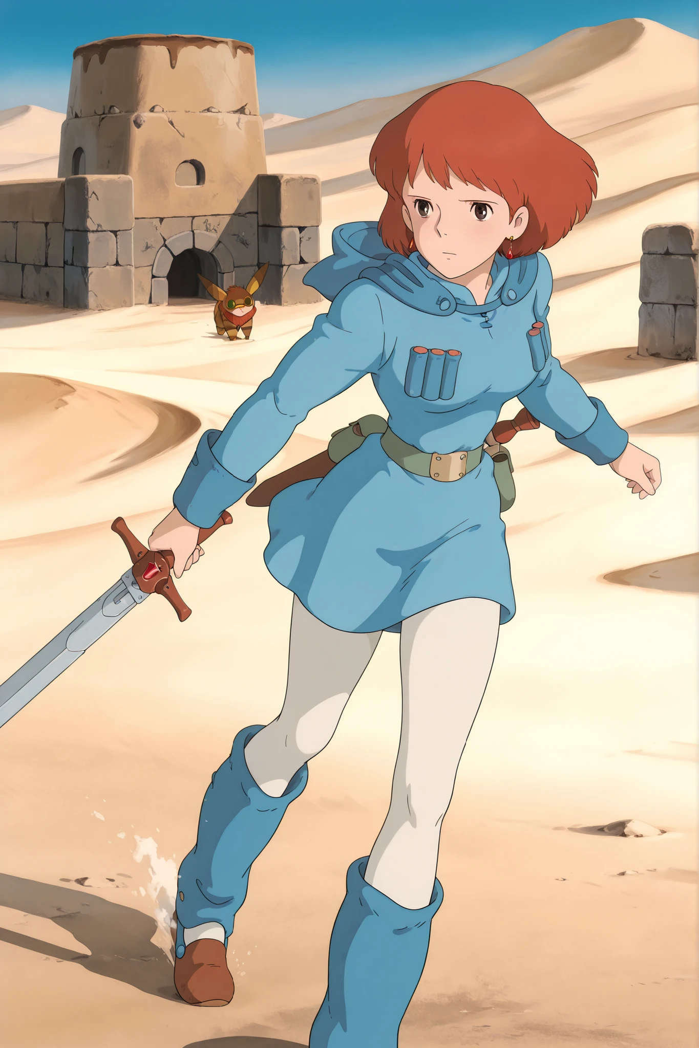 (Masterpiece, top quality, 8k, High quality anime, detailed and accurate anime poster, Studio Ghibli style, High sense), Nausicaa, 1girl, very beautiful, ((solo shoot)), Single Shoot, very cute, (adorable face, very kind ness), wandering wide desert, wind blow, medium sword, Exotic atmosphere, brave face, orange hair, short hair, ((elegant short bob cut)), dark brown eyes, beautiful clear eyes, Red Gemstone Earrings, beautiful breasts, beautiful legs, perfect body balance, perfect beauty, slender body, (looking at me), beautiful desert Scenery, Beautiful dessert scenery, stone wall, front view, hood, white leggings, short blue dress, chest bullet holder, long_sleeves, belt, silver buckle, blue leg warmer, felt shoes, pouch, scabbard, white tights, VWNausicaa, 1girl, orange hair, short hair, brown eyes, medium breasts, mouth open, glare at enemy, running down sand hill, very cool scene, ready sword,