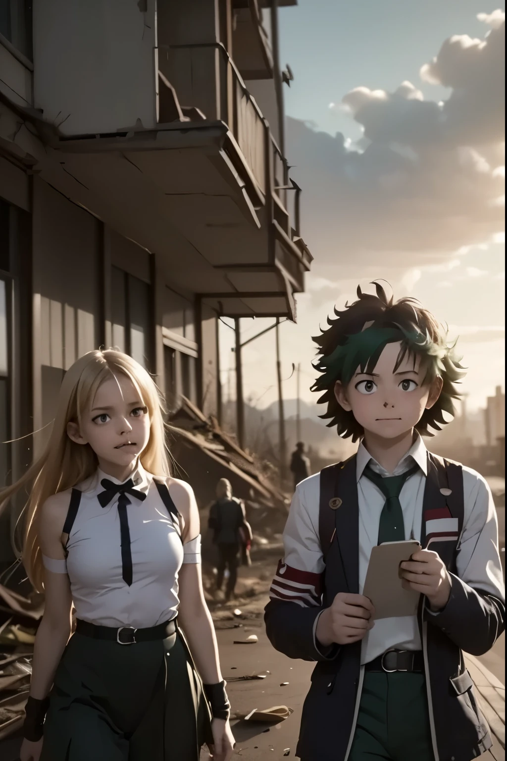 a post-apocalyptic school,Bright Sci-Fi Anime (like My Hero Academia) , Depict a class of students with genetic powers in a destroyed high-tech school. Each student has a unique ability and a personalized costume.