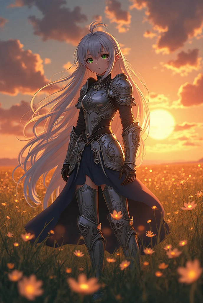 A beautiful anime girl knight with silver hair and determined green ...