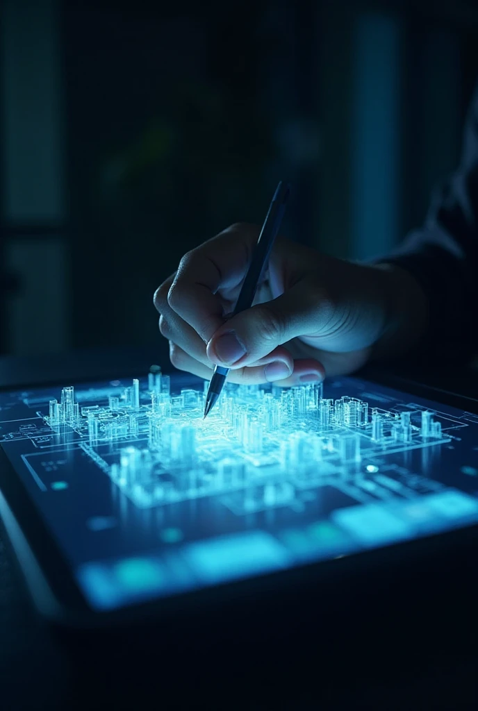 Close-up shot of an architect's hands using a stylus on a glowing ...