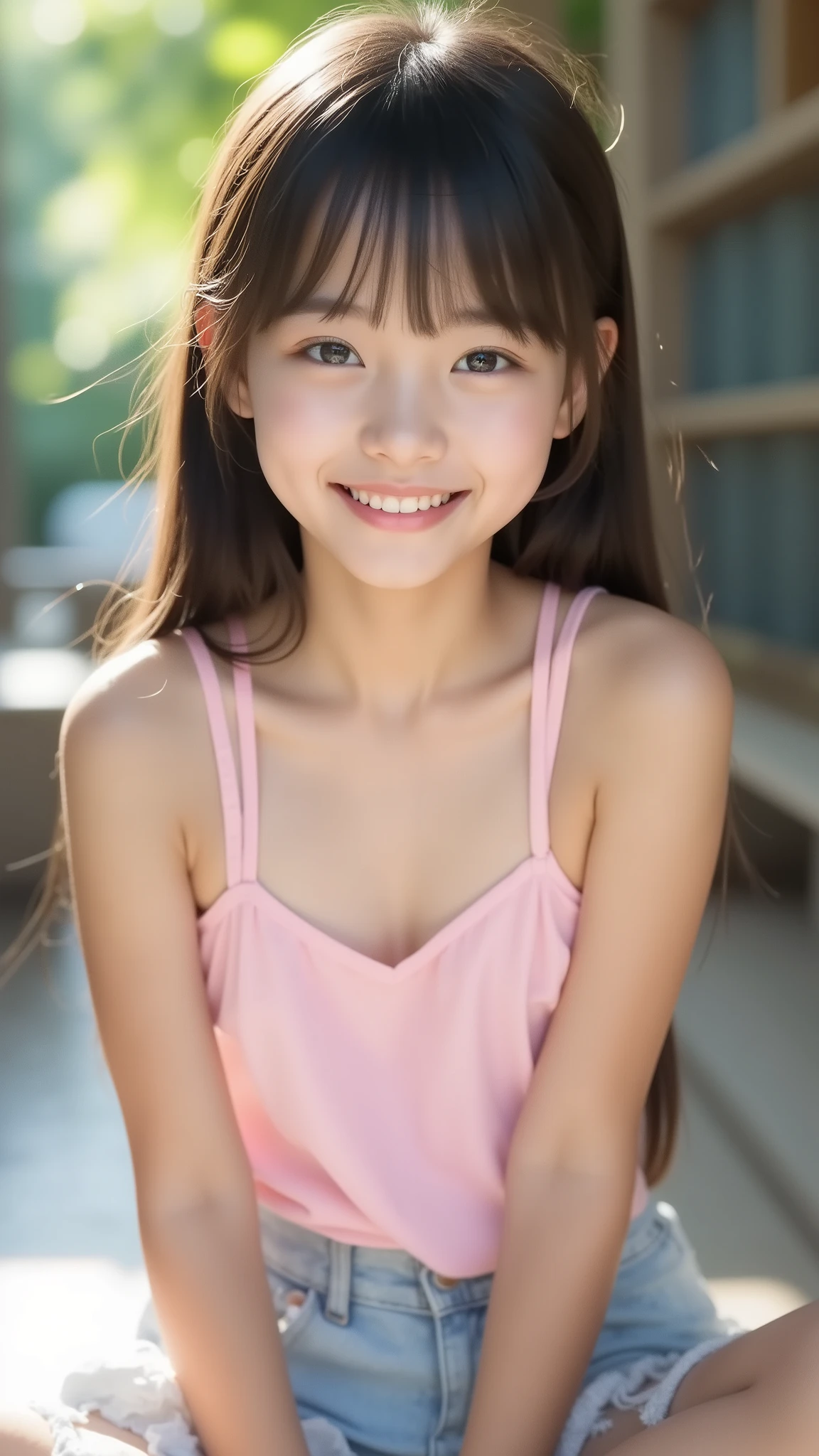 big eyes、世界一cute中学生、Use your arms 、Fruit Clothes、smile,( She's a Middle School Student 、There are:1.8),(8k, original pictures, Highest Quality, masterpiece: 1.45), A Cup Breasts、and、symbol body、(realistic, photorealistic: 1.8), 8k,( see-through tank top:1.7),A see-through camisole that shows off bare skin、 Single Girl, cute, smile, happy, full nude、Light pink realistic and detailed small nipples、Embarrassing Posture : 1.2, (the cutest :1.5),((( blue yukata ))),(((beautiful idol class girl))),(Broad Back and Visible Skin:1.5) , Damaged Denim Shorts、smile, cute, big eyes, Highest Quality, bust, Brush, Brush,