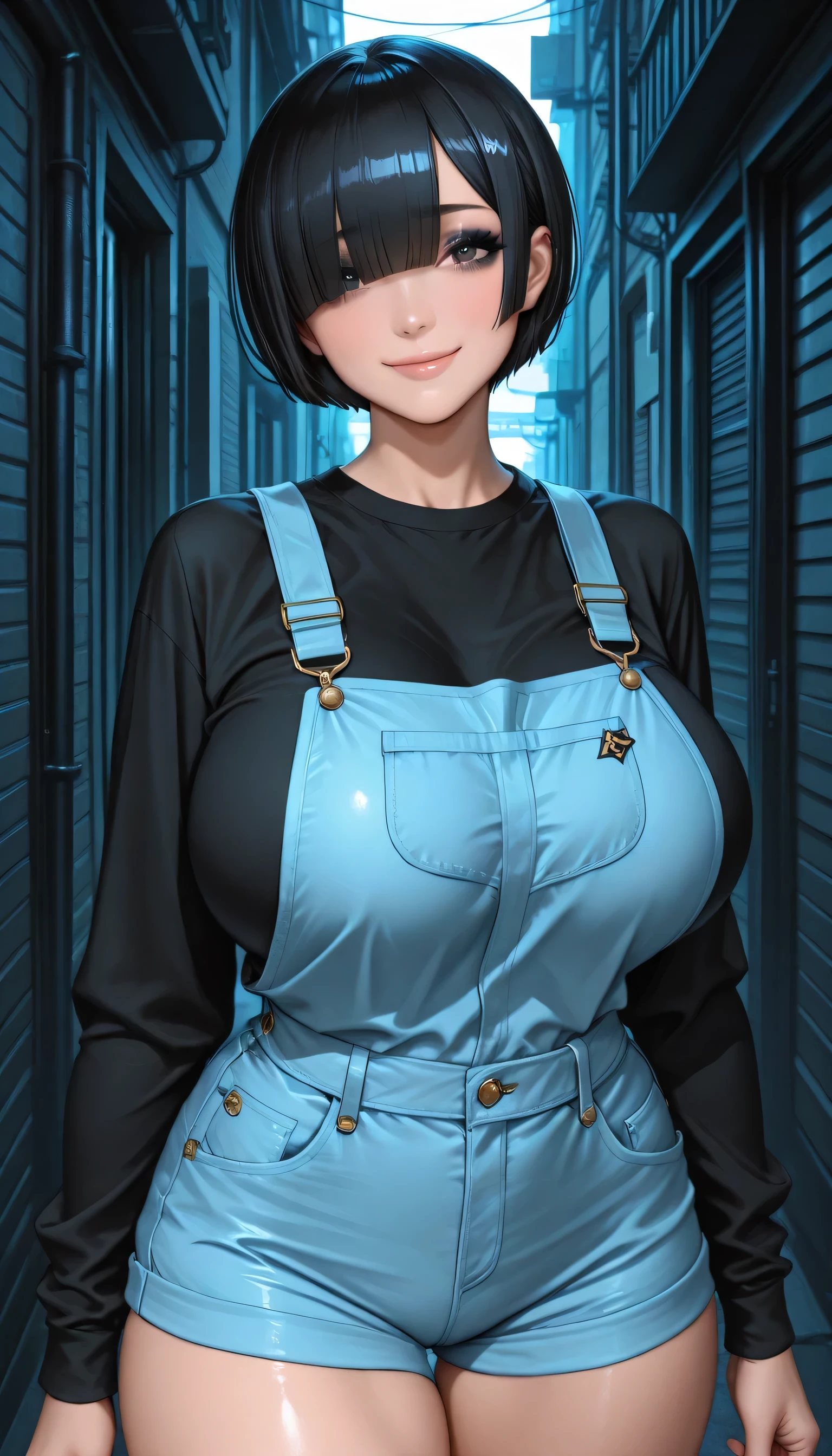 score_9, score_8_up, score_7_up,amazing quality,highly detailed,source_anime,artist:moriimee,Sadakage,sharp face,clear eyes,solo,5'57"_woman,adult woman,25 years old,rem_\(re:zero\),beautiful detailed black_eyes,gigantic_breasts,voluptuous_body,round_eyes,big eyes,short−hair,black_hair,bowl_cut_hair,(((hair_over_one_eye,blunt-bangs))),smile,overalls,shorts,b,black_eyeshadow,black_eyeliner,wide_hips,alley,high_contrast,Cinematic Lighting