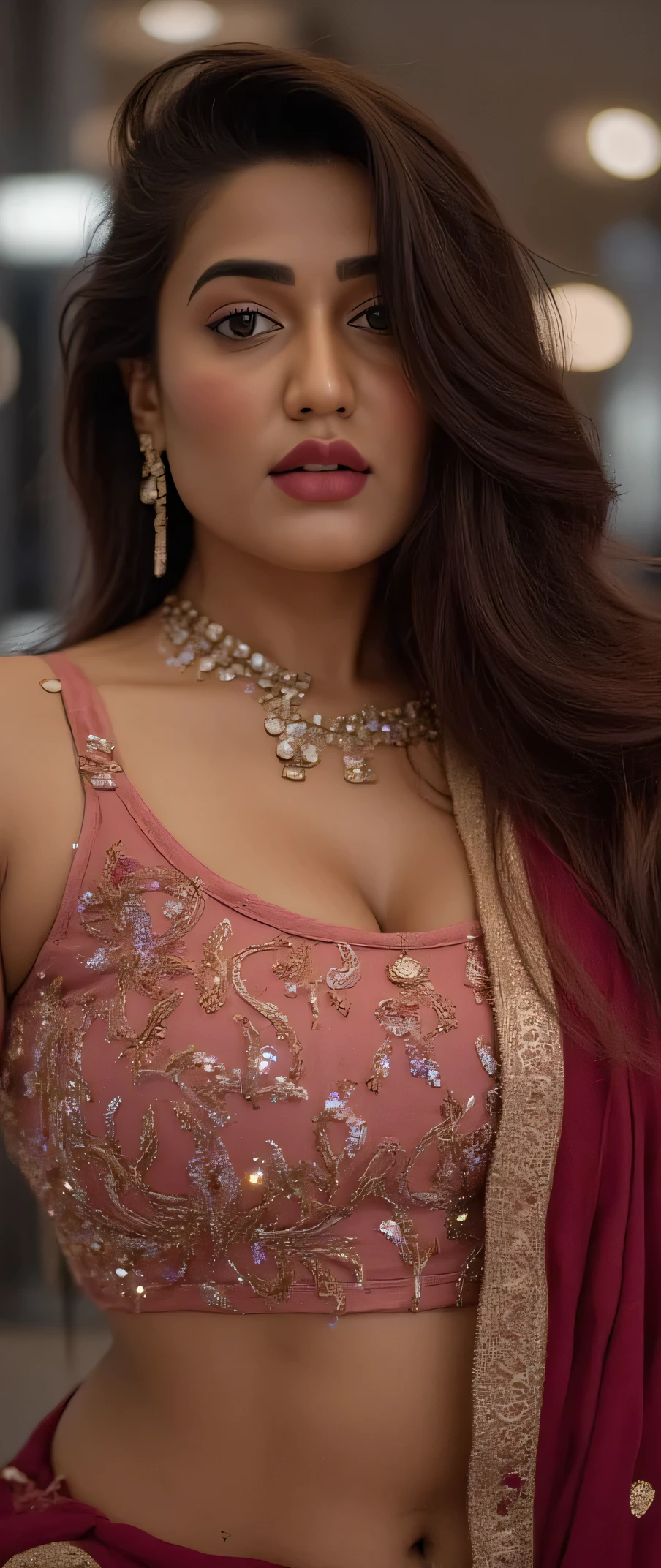 Full body photo portrait of beautiful indian
, looking at viewer, lense flare, (realistic eyes, symmetric face:0.8) (masterpiece:1.2) (photorealistic:1.2) (bokeh) (best quality) (detailed skin) (intricate) (8k) (HDR) (cinematic lighting) (sharp focus), big breast, sparkling day dreams eyes. Navel . Jwellery, necklace, earings ,bangles,sexy long hair style erotic looks seductive poses beautiful black and silver work lehenga big breast deep cleavage , front view sexy body waist chain navel show , erotic looks seductive poses , deep cleavage tight nipples show , erotic pink nipples tight , front view sexy body