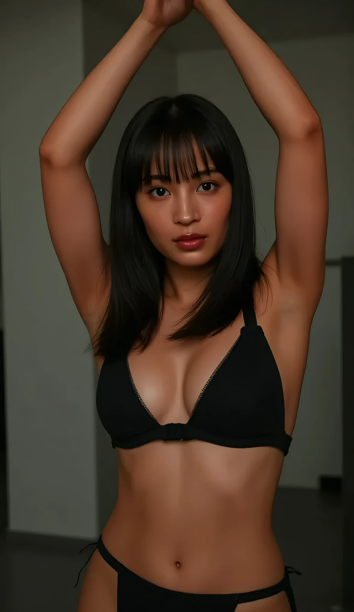 Highest Quality、high image quality、HIGH DEFINITION、8k、black lingerie、Posing to raise both hands、sunburn、sweat、Ryogi's armpits exposed、firm rectus abdominis muscles、