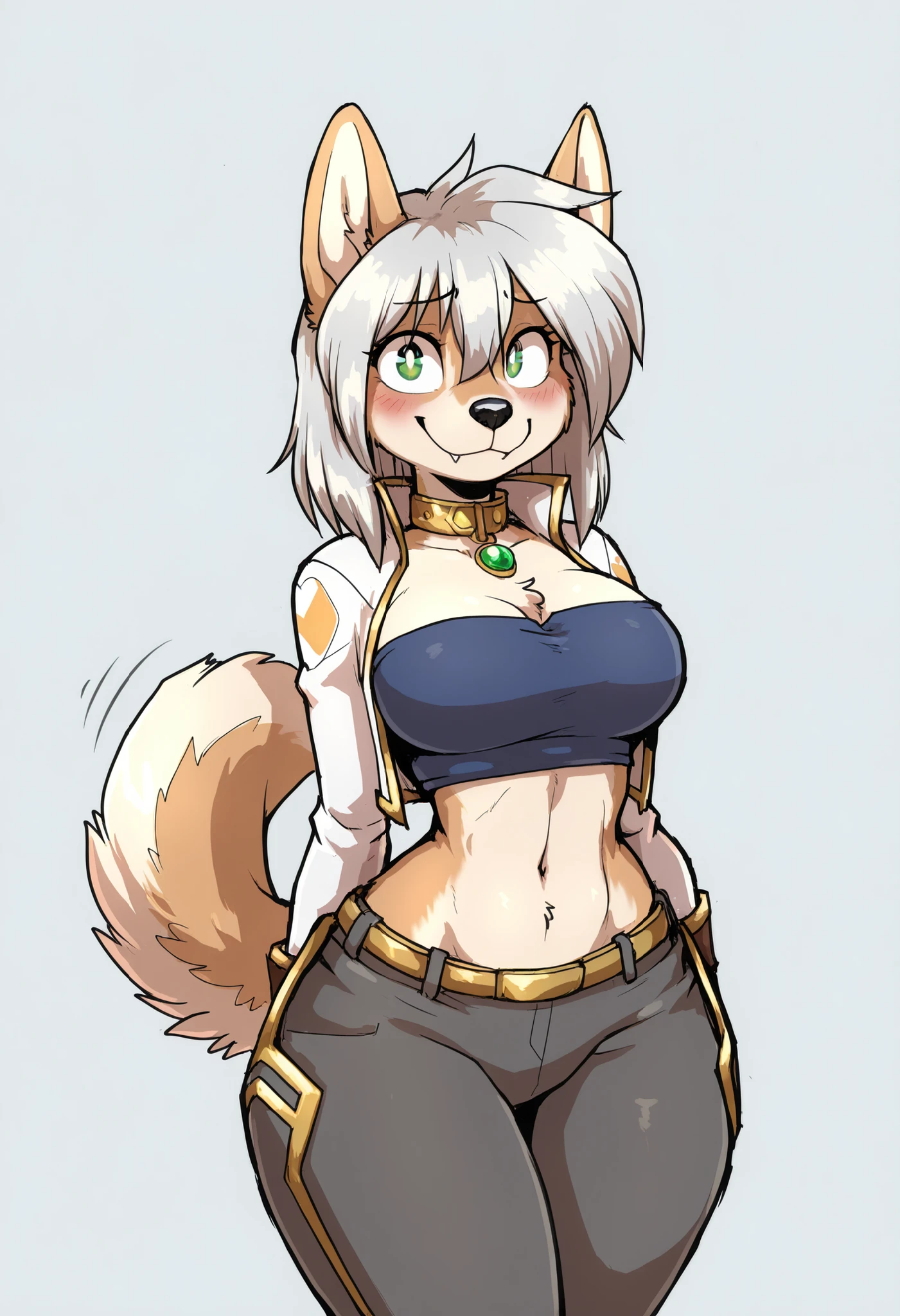 (solo), anime/manga style, best quality, high resolution, absurdres, BREAK, (adult, age23), uploaded on danbooru, uploaded on e621, [by rick griffin:0.5], (by inu-sama), (adorable smile), (cute, adult), (female), (anthro, welsh corgi and shiba inu mix, corgi ears, shiba tail), (tall, light brown body, white patches), straight hair, medium hair, silver hair, hair between eyes, (looking at viewer, happy and shy expression, shy, happy:1.2), green eyes, medium pupils, adorable eyes, (visible cute fangs), (white jacket, fantasy anime outfit, yellow or pink shirt, grey and gold trim, asymmetrical sash, grey pants, grey-ish white stylish female rogue mage attire, midriff-baring, elegant but practical, fantasy adventurer, modern/sci-fi/fantasy fashion), black nose, BREAK, (beautiful, adorable), (collar with green gem), eyebrows are same color as hair, simple plain background, medium/big breasts, [midriff], [very slightly wide hips], belt, standing straight