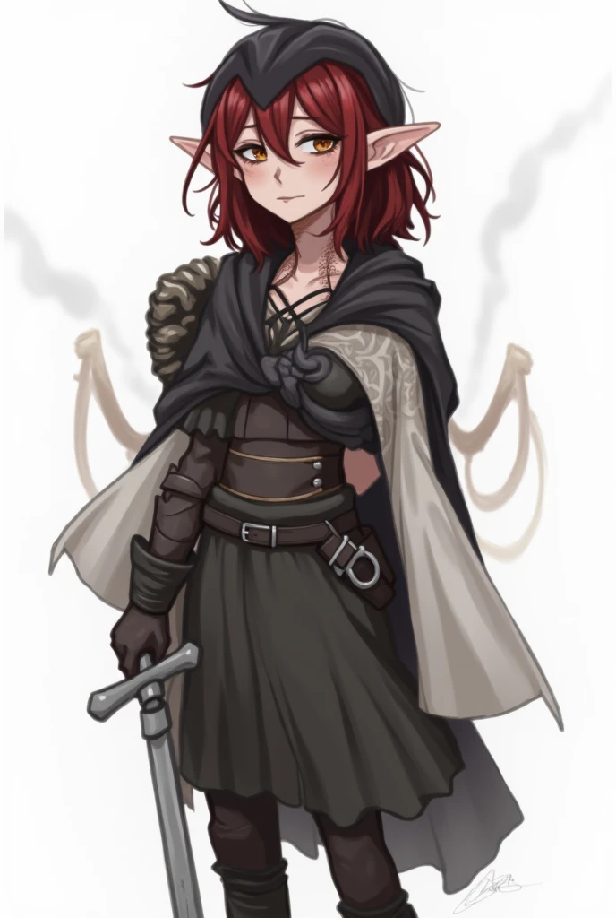 {{full body}} {{Artist: sincos)}} 1woman, mature woman, french braid, long hair, tall, black hair, golden eyes, looking tired, scar over left eye, black cloak, cape, black cape, looking down at viewer, smoking, dagger at hip, dagger, castle background, dark fantasy, cigarette in mouth, smoke from cigarette, detailed background, cold expression, armored, wearing armor, holding sword in one hand, stern expression, fully clothed