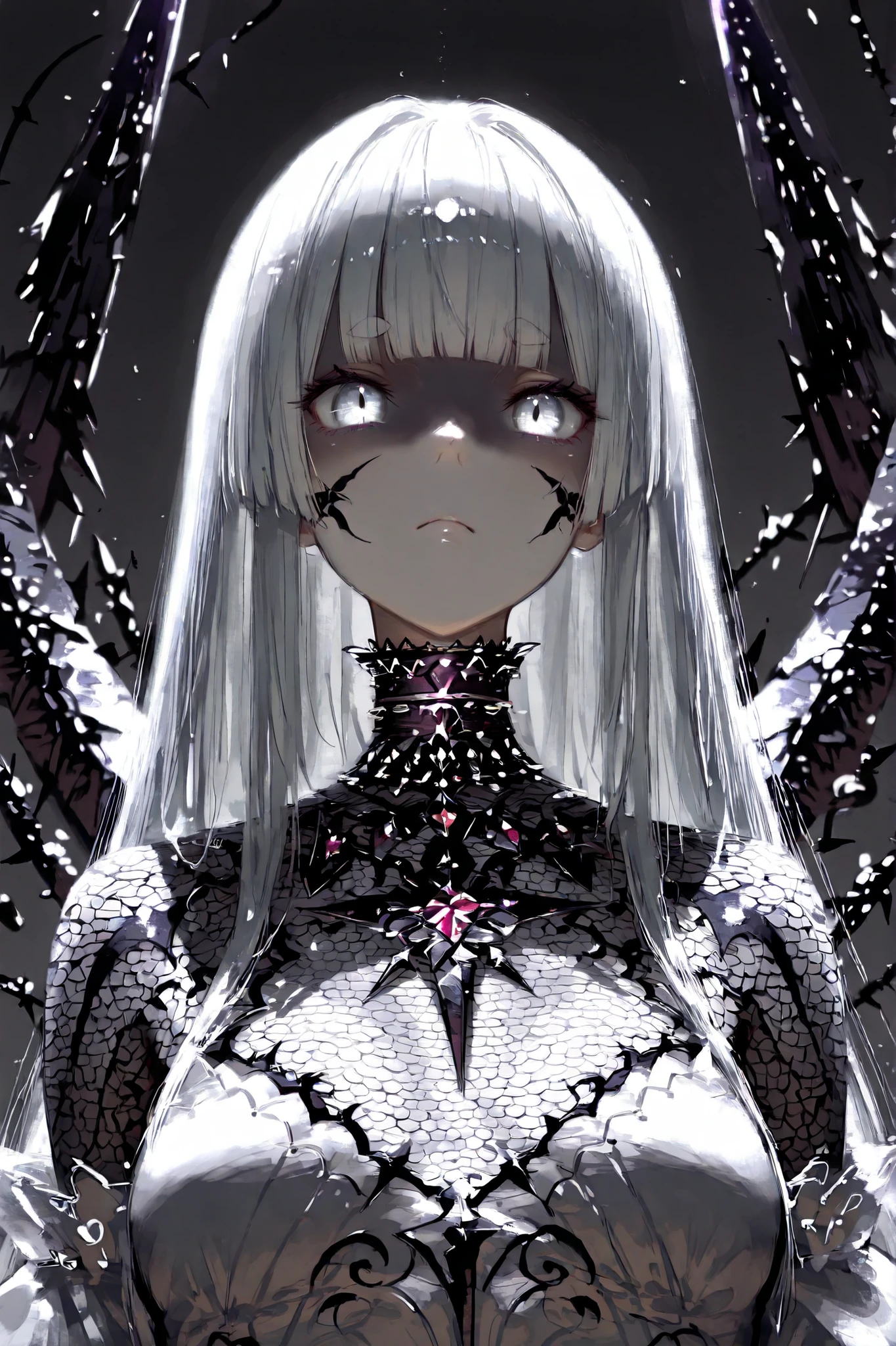 ((thick braided choker made of thorns)), parfect face, focus girl, ((focus face)), solo, (masterpiece, detailed:1.2), highest quality, Ultra High Quality, k, Beautiful and delicate anthropomorphic girl statue, Incredibly detailed and intricate statue, Hime cut, matte finish, beautiful eyes, perfect eyes, cute face, cute eyes, Thick eyebrows, short eyebrows, thin, 20 yo, medium breast, Long pointy sideburns,
BREAK, (close-up upper body), sharp focus, gray background, shallow depth of field, refreshing atmosphere background, beautiful natural lighting, perspective, (detailed lighting), ((dark lighting)), rim lighting, ((sharp focus)), front view,
