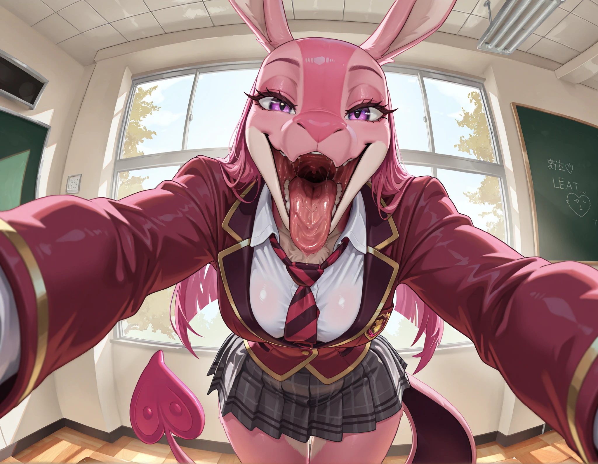 masterpiece, best quality, amazing quality, very aesthetic, high resolution, ultra-detailed, absurdres, newest, scenery, female focus, contrast lighting, side lighting, masterpiece, best quality, newest, absurdres, highres, amazing quality, very aesthetic, no lineart,  solo, ambient lighting, girl, lovander, , furry female,  tail, medium breasts, thighs, hips, ager (young), , , in classroom,  BREAK _ , , cinematic above  angle, looking at viewer with eager eyes, wearing long dark grey skirt, with long sleeve white blouse, red and black horizontal stripped tie, Red blazer with grey and black stripes , Scots college nz uniform, , mischievous grin, one hand holding viewer, , holding viewer above mouth with one hand, open mouth, mouth center shot, licking viewer, holding the viewer, macro, gaping mouth full of saliva, POV shot, selfie pov, mouth gape, (View of entire inside of mouth, as if she was going to eat the viewer, vore, high angle, close up (((POV shot, extreme close up of mouth))