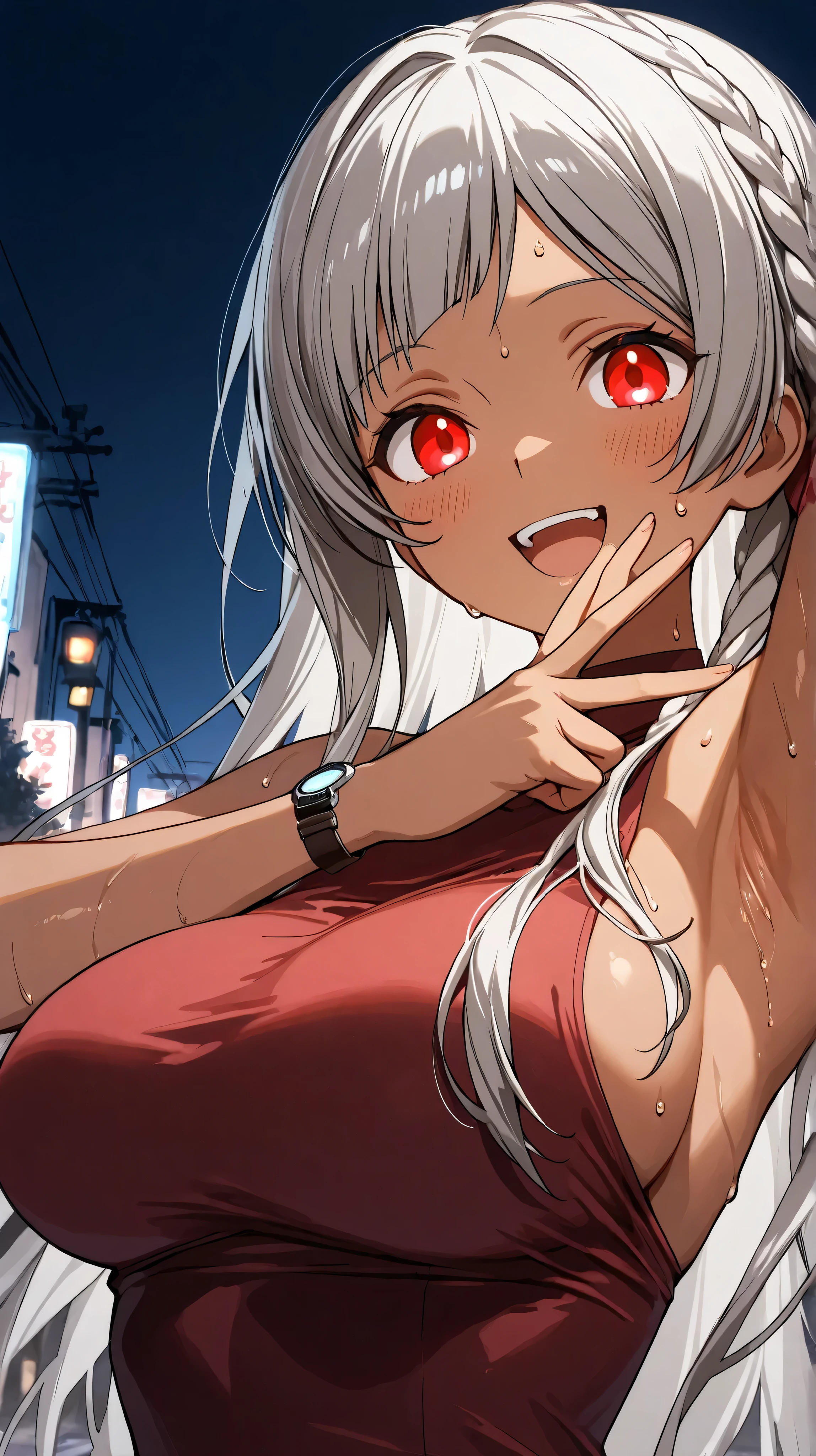 Sayaka katahara,fengan ashura
High quality , Highest Quality , masterpiece, high resolution , detailed face( Lola: Sayaka), Anatomically correct , Detailed Hairstyles( Lola: Sayaka),anime painting
Solo, 1 girl
, long hair, gray hair, braids, red eyes, dark skin on the tip of the mouth, Dark-skinned Woman ,
v, spread armpit, presenting armpit, large breast, 8K ultra-high image quality、bewitching gaze、8KHighest Quality、
watch viewers ,close up armpit、sweat comes from underarms、Female body glowing with sweat、
night,streets
Smile,open mouth