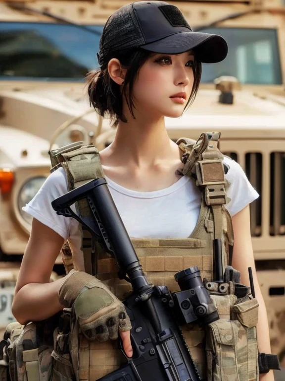 Unreal Engine:1.4,Ultra-realistic 64K CG, Photorealista:1.4, Skin Texture:1.4, Top 1 girls in bikinis ,japanes, sixteen years old, Gatling gun, Shell casing, Looking at Viewer, Bangs, ammunition belt, gloves,Saggy breasts,opening fire,in the picture, A beautiful girl with long black hair in a bikini appears.，The delicate face of，Wearing bikini metal，standing on the ruins，The behavior of a woman with a heavy sniper rifle in her hands,cle beige dress, Army Chain,War Jet DSLR background, F/2.8, 5D, 16 K, Hyper-Resolution . Realistic style, key visual, Vibrant,, Normal display, Realistic, Camouflage costumes, soldier, Stripes of camouflage makeup on her face at an angle of 45 degrees, Tough Broad,