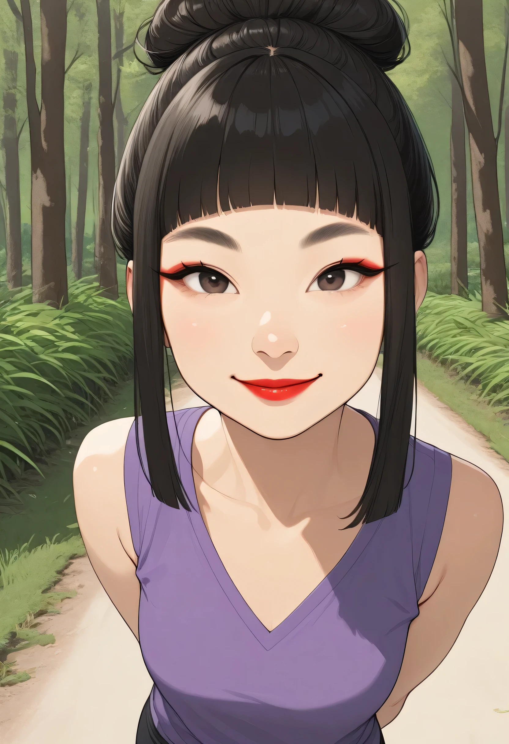 1girl, perfect face, (black hair bun, hair up, hime cut hair), black round eyebrows, black eyeliners, big brown eyes, nose, thick red lipstick, smile, beautiful girl, v-neck, purple tank top, ((female asian, face asian)), forest road, grass, (looking at viewer, pov), arms behind back