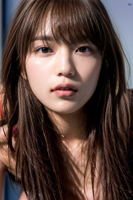 (masterpiece, best quality:1.2), 8k, 15yo, 85mm, official art, raw photo, absurdres, , pretty face, close up, upper body, violaceaess, gardeniass, beautiful girl, Gwen Stacy, cinch waist, thighs, sitting on bench seat, looking at viewer, no makeup, (smile:0.4), film grain, chromatic aberration, sharp focus, facelight, clear lighting, teen, detailed face, bokeh background, Into The Spider Verse, ,  breasts,  on face,(dark red necktie:1.1)