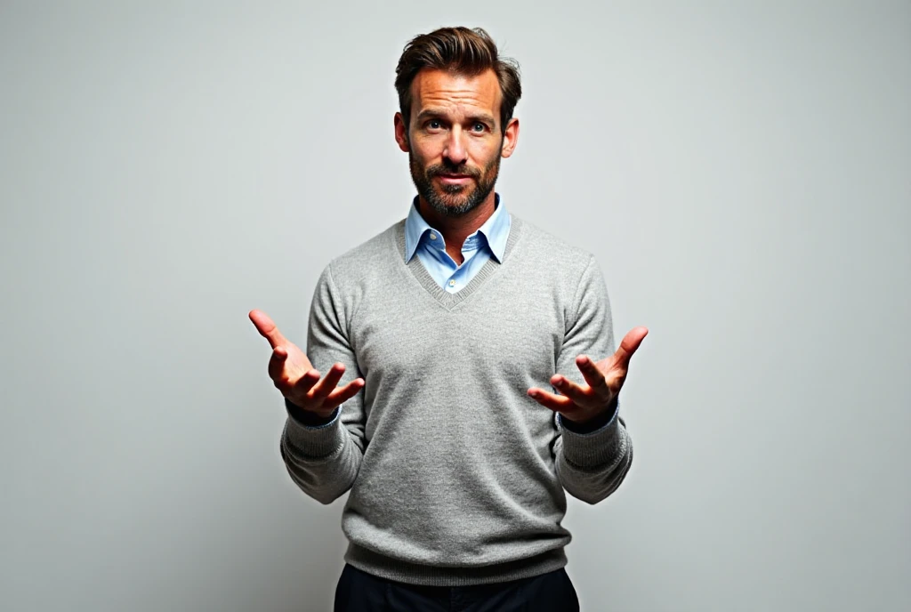 Create a portrait photo of a muscular man in a sweater with short brown hair and a full beard. His physique is very robust. He should hold a white sheet of paper with both hands
