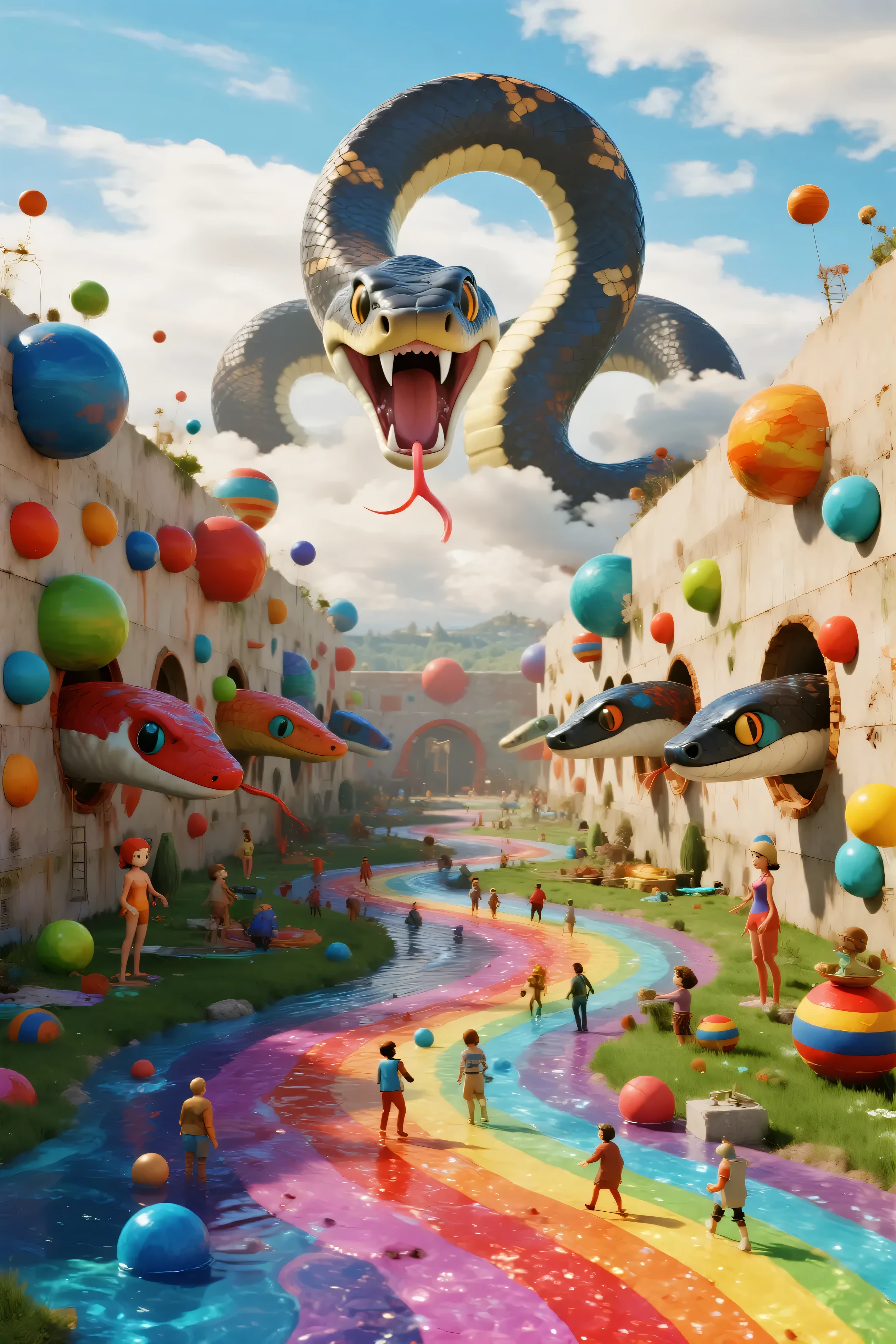 An ultra-realistic, photo-realistic, and cinematic fantastical scene unfolds in a surreal landscape filled with vibrant colors and whimsical details. An enormous snake-like creature with a menacingly open mouth towers overhead, its body weaving through fluffy, cloud-like formations in the background. The ground is a vivid, swirling river of rainbow hues, resembling a psychedelic liquid or glittering foam. It looks like burnt plastic mixed with melted crayons.
Surrounding the river are numerous humanoid figures styled like toy mannequins, each painted in different colors and involved in varied activities. Some stand gazing at the scenery, others interact with the colorful orbs that are strewn throughout the area like oversized beads. The walls are adorned with countless colorful spheres, and the heads and bodies of smaller snakes pop out of the walls, adding texture and depth to the scene, reminiscent of an otherworldly playground.
The light in the scene is bright, casting subtle shadows and highlighting the glossy surfaces, imbuing the image with a dreamlike quality. The overall atmosphere is one of playful chaos, where reality seems to bend in kaleidoscopic wonder. Mad details and a hallucinogenic feel reminiscent of old Betty Boop cartoons. A mix of realism and claymation, ultra-real and LSD surreal, dreamlike, twisted, experimental art, extreme psychedelic psychotrance, and vibrant energy. Cinematic photography, realistic vision, hyperrealism, ultra-detailed, 8k, UHDR, high-res, startling presence, icon style, intricate details, dramatic colors smeared across the scene capture an exquisite blend of organic growth and chemical staining patterns that resemble abstract biomechanical shapes fitted together and mounted in a tropical fever-induced dream. An avant-garde masterpiece. A hybrid creature with a muscular pit bull head seamlessly blending into a massive serpentine body, captured in stunning photorealistic detail, dramatic lighting enhances the powerful musculature and textured scales, intricate details of the canine facial features show glistening eyes with amber highlights, detailed wrinkles and expressions, iridescent snake scales with a subtle metallic sheen catch the light, sharp detailed fangs with translucent saliva droplets creating dynamic tension, set against a mystical twilight landscape where vibrant aurora borealis dances across the sky in waves of emerald, violet, and cyan, atmospheric fog adds depth, shot with professional cinema camera, photorealistic rendering, ultra high definition, extreme detail in textures, cinematic color grading, dramatic depth of field, moody lighting emphasizes the creature's powerful presence. Ultra-realistic, photo-realistic, cinematography, UHD, high-res, hyper realistic, 3D realism, physically based rendering, professional masterpiece. a hybrid creature with a muscular pit bull head seamlessly blending into a massive serpentine body, captured in stunning photorealistic detail, drama, intricate reptilian scales, powerful coils, piercing gaze, bared fangs, dramatic lighting, cinematic composition, dark moody atmosphere, dystopian sci-fi environment, 8k, highly detailed, photorealistic, professional, physically-based rendering, unreal engine, dramatic lighting, dark colors, moody colorsTrue vision applied to anime
Ultra-realistic, photo-realistic, ultra-detailed, insane 3D realism, cinematic photography, cinematography, full focus, UHDR, highres, physically-based rendering, professional movie quality images, icon style, iconic character, hypersensual, hyperrealistic, startling presence, dramatic icon, impactful, powerful, emotive, evocative, captivating, mesmerizing, hypnotic, trance-inducing, mind-bending, consciousness-expanding, enlightening, masterpiece. The woman is depicted with vibrantly colored hair, transitioning seamlessly from shades of purple and blue to bright yellows and oranges. Her attire is striking—a reflective metallic two-piece outfit consisting of a fitted crop top and high-waisted shorts, both casting rainbow-like hues across her form. Draped over her shoulders is a sheer jacket, softly blending transparent textures with hints of shimmer. Her neck is adorned with a delicate necklace featuring a star pendant, adding a subtle point of brightness. The background completes the figure, featuring an abstract, psychedelic cloud of vivid rainbow colors against a dark backdrop. The swirling patterns and bold color palette match the figure's hair as the cloud looks like it's pouring into the ocean, beach scene neon bright colors on the waves and on the hillside nearby. An image of a woman with a rainbow colored hair and a reflective metallic outfit, outfit reflects all colors, dreamy colorful cyberpunk colors, glitchpunk girl, cyberpunk fluorescent vibrant colors, cyberpunk art style, illustration iridescent, colorful aesthetic, hyper colorful, shiny colorful, ultraviolet and neon colors, beach scene, waves have a bright cyberpunk glow, neon cyberpunk vibrant colors, neon light and fantasy, colorful and dark, neon and fluorescent cyberpunk colors.An ultra-realistic, photo-realistic, and cinematic fantastical scene unfolds in a surreal landscape filled with vibrant colors and whimsical details. An enormous snake-like creature with a menacingly open mouth towers overhead, its body weaving through fluffy, cloud-like formations in the background. The ground is a vivid, swirling river of rainbow hues, resembling a psychedelic liquid or glittering foam. It looks like burnt plastic mixed with melted crayons.
Surrounding the river are numerous humanoid figures styled like toy mannequins, each painted in different colors and involved in varied activities. Some stand gazing at the scenery, others interact with the colorful orbs that are strewn throughout the area like oversized beads. The walls are adorned with countless colorful spheres, and the heads and bodies of smaller snakes pop out of the walls, adding texture and depth to the scene, reminiscent of an otherworldly playground.
The light in the scene is bright, casting subtle shadows and highlighting the glossy surfaces, imbuing the image with a dreamlike quality. The overall atmosphere is one of playful chaos, where reality seems to bend in kaleidoscopic wonder. Mad details and a hallucinogenic feel reminiscent of old Betty Boop cartoons. A mix of realism and claymation, ultra-real and LSD surreal, dreamlike, twisted, experimental art, extreme psychedelic psychotrance, and vibrant energy. Cinematic photography, realistic vision, hyperrealism, ultra-detailed, 8k, UHDR, high-res, startling presence, icon style, intricate details, dramatic colors smeared across the scene capture an exquisite blend of organic growth and chemical staining patterns that resemble abstract biomechanical shapes fitted together and mounted in a tropical fever-induced dream. An avant-garde masterpiece. An extremely beautiful young woman with very long wavy hair, pale porcelain skin, long eyelashes, dark heavy gothic make-up, dark red lipstick, gloss, a large chest, wearing a black corset with white laces that she overflows out of, a short black skirt with white embroidery, black stocking, very high heels, spectator pumps, a tattoo on her left wrist that says "PSYCHO VERDE'S". Extremely attractive young woman, princess, babe, Parted Lips, direct eye contact with the viewer, sexy poses, sparkling eyes, sad expression, hypersensual, provocative, icon style, iconic character, alluring young female, model, pretty, high quality, 8k, cinematic photography, cinematic portrait, portrait photography, cinematography, ultra-detailed, physically-based rendering, professional movie quality images, awe-inspiringly, striking facial features, intricate eyes, endearing face, goddess-like, incredible body, full curves, a masterpiece.