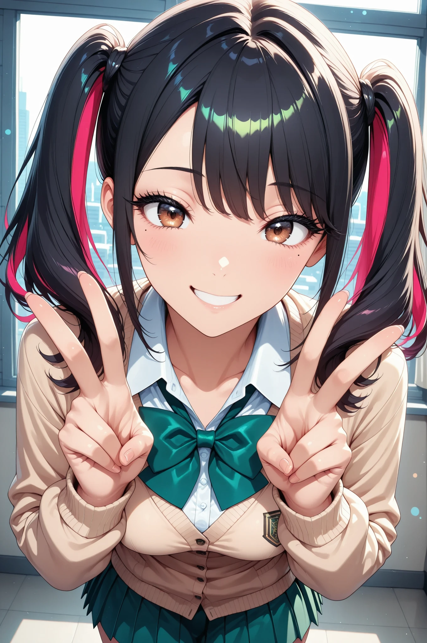 beautiful girl、MINIMAL BODY、face focus, small tits,  (gyaru v ), ((Urban area, window:1.2, 4 fingers)), High Quality,anime style, 4K, HDR, studio lighting hanging from a pile, Superb Detailed Description, vibrant colors, bokeh effect, Portrait, delicate touch, Soulful, elegant atmosphere, delicate emotional expression, Minami Yoshikawa, black hair with pink inner color hair, twin tails, asymmetrical hair, brown eyes, mole under the eye, slight build, beautiful shining eyes, Glossy Lips, very detailed eyes and face, long eyelashes, (school uniform, shirt, bright green bow tie , beige cardigan, green pleated skirt), 