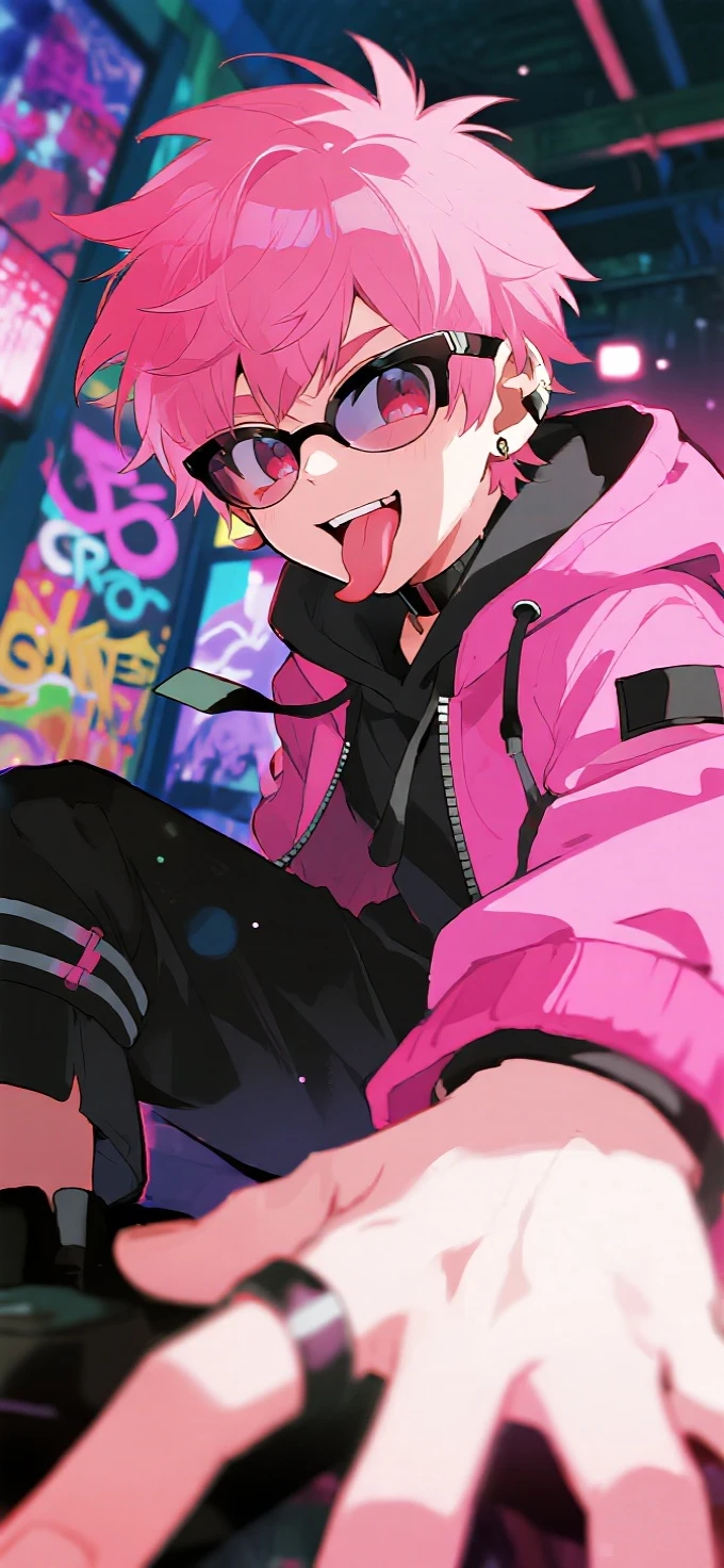 black pants, Sharp image, man, Black hair with pink ends, wearing a pink jacket. , has a dull, bored face, wears round glasses, has short, neat hair,