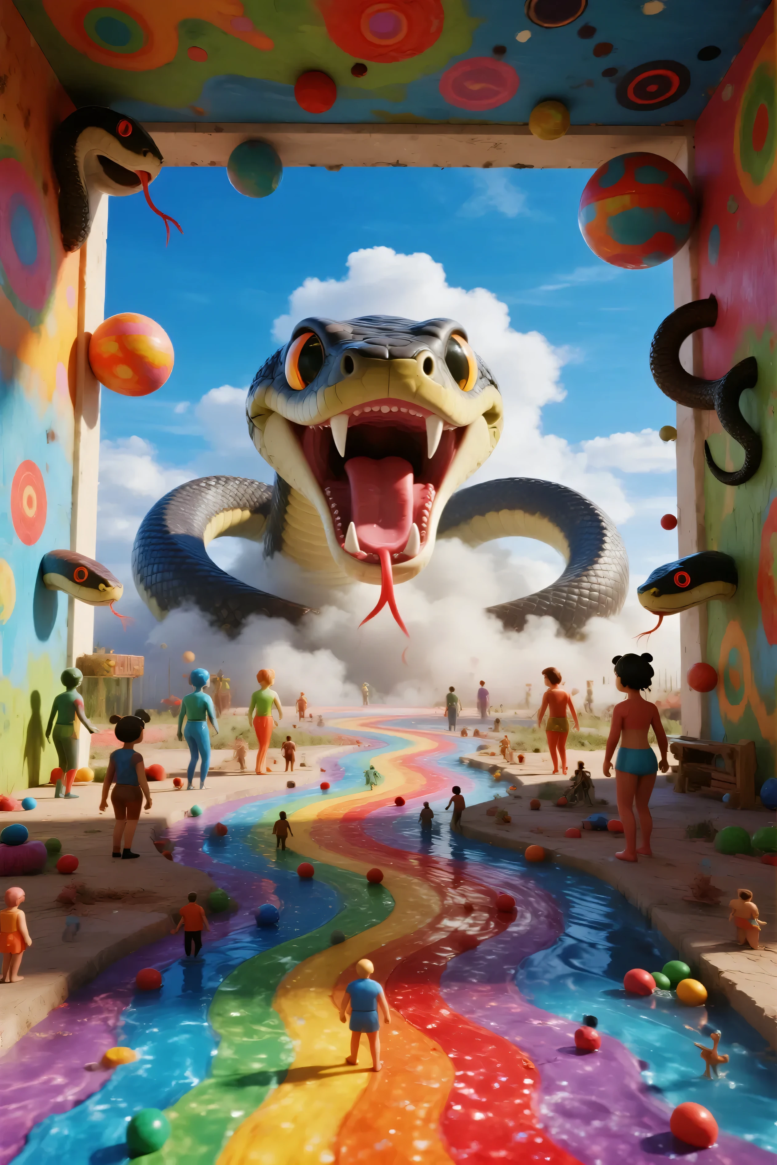 An ultra-realistic, photo-realistic, and cinematic fantastical scene unfolds in a surreal landscape filled with vibrant colors and whimsical details. An enormous snake-like creature with a menacingly open mouth towers overhead, its body weaving through fluffy, cloud-like formations in the background. The ground is a vivid, swirling river of rainbow hues, resembling a psychedelic liquid or glittering foam. It looks like burnt plastic mixed with melted crayons.
Surrounding the river are numerous humanoid figures styled like toy mannequins, each painted in different colors and involved in varied activities. Some stand gazing at the scenery, others interact with the colorful orbs that are strewn throughout the area like oversized beads. The walls are adorned with countless colorful spheres, and the heads and bodies of smaller snakes pop out of the walls, adding texture and depth to the scene, reminiscent of an otherworldly playground.
The light in the scene is bright, casting subtle shadows and highlighting the glossy surfaces, imbuing the image with a dreamlike quality. The overall atmosphere is one of playful chaos, where reality seems to bend in kaleidoscopic wonder. Mad details and a hallucinogenic feel reminiscent of old Betty Boop cartoons. A mix of realism and claymation, ultra-real and LSD surreal, dreamlike, twisted, experimental art, extreme psychedelic psychotrance, and vibrant energy. Cinematic photography, realistic vision, hyperrealism, ultra-detailed, 8k, UHDR, high-res, startling presence, icon style, intricate details, dramatic colors smeared across the scene capture an exquisite blend of organic growth and chemical staining patterns that resemble abstract biomechanical shapes fitted together and mounted in a tropical fever-induced dream. An avant-garde masterpiece. A hybrid creature with a muscular pit bull head seamlessly blending into a massive serpentine body, captured in stunning photorealistic detail, dramatic lighting enhances the powerful musculature and textured scales, intricate details of the canine facial features show glistening eyes with amber highlights, detailed wrinkles and expressions, iridescent snake scales with a subtle metallic sheen catch the light, sharp detailed fangs with translucent saliva droplets creating dynamic tension, set against a mystical twilight landscape where vibrant aurora borealis dances across the sky in waves of emerald, violet, and cyan, atmospheric fog adds depth, shot with professional cinema camera, photorealistic rendering, ultra high definition, extreme detail in textures, cinematic color grading, dramatic depth of field, moody lighting emphasizes the creature's powerful presence. Ultra-realistic, photo-realistic, cinematography, UHD, high-res, hyper realistic, 3D realism, physically based rendering, professional masterpiece. a hybrid creature with a muscular pit bull head seamlessly blending into a massive serpentine body, captured in stunning photorealistic detail, drama, intricate reptilian scales, powerful coils, piercing gaze, bared fangs, dramatic lighting, cinematic composition, dark moody atmosphere, dystopian sci-fi environment, 8k, highly detailed, photorealistic, professional, physically-based rendering, unreal engine, dramatic lighting, dark colors, moody colorsTrue vision applied to anime
Ultra-realistic, photo-realistic, ultra-detailed, insane 3D realism, cinematic photography, cinematography, full focus, UHDR, highres, physically-based rendering, professional movie quality images, icon style, iconic character, hypersensual, hyperrealistic, startling presence, dramatic icon, impactful, powerful, emotive, evocative, captivating, mesmerizing, hypnotic, trance-inducing, mind-bending, consciousness-expanding, enlightening, masterpiece. The woman is depicted with vibrantly colored hair, transitioning seamlessly from shades of purple and blue to bright yellows and oranges. Her attire is striking—a reflective metallic two-piece outfit consisting of a fitted crop top and high-waisted shorts, both casting rainbow-like hues across her form. Draped over her shoulders is a sheer jacket, softly blending transparent textures with hints of shimmer. Her neck is adorned with a delicate necklace featuring a star pendant, adding a subtle point of brightness. The background completes the figure, featuring an abstract, psychedelic cloud of vivid rainbow colors against a dark backdrop. The swirling patterns and bold color palette match the figure's hair as the cloud looks like it's pouring into the ocean, beach scene neon bright colors on the waves and on the hillside nearby. An image of a woman with a rainbow colored hair and a reflective metallic outfit, outfit reflects all colors, dreamy colorful cyberpunk colors, glitchpunk girl, cyberpunk fluorescent vibrant colors, cyberpunk art style, illustration iridescent, colorful aesthetic, hyper colorful, shiny colorful, ultraviolet and neon colors, beach scene, waves have a bright cyberpunk glow, neon cyberpunk vibrant colors, neon light and fantasy, colorful and dark, neon and fluorescent cyberpunk colors.An ultra-realistic, photo-realistic, and cinematic fantastical scene unfolds in a surreal landscape filled with vibrant colors and whimsical details. An enormous snake-like creature with a menacingly open mouth towers overhead, its body weaving through fluffy, cloud-like formations in the background. The ground is a vivid, swirling river of rainbow hues, resembling a psychedelic liquid or glittering foam. It looks like burnt plastic mixed with melted crayons.
Surrounding the river are numerous humanoid figures styled like toy mannequins, each painted in different colors and involved in varied activities. Some stand gazing at the scenery, others interact with the colorful orbs that are strewn throughout the area like oversized beads. The walls are adorned with countless colorful spheres, and the heads and bodies of smaller snakes pop out of the walls, adding texture and depth to the scene, reminiscent of an otherworldly playground.
The light in the scene is bright, casting subtle shadows and highlighting the glossy surfaces, imbuing the image with a dreamlike quality. The overall atmosphere is one of playful chaos, where reality seems to bend in kaleidoscopic wonder. Mad details and a hallucinogenic feel reminiscent of old Betty Boop cartoons. A mix of realism and claymation, ultra-real and LSD surreal, dreamlike, twisted, experimental art, extreme psychedelic psychotrance, and vibrant energy. Cinematic photography, realistic vision, hyperrealism, ultra-detailed, 8k, UHDR, high-res, startling presence, icon style, intricate details, dramatic colors smeared across the scene capture an exquisite blend of organic growth and chemical staining patterns that resemble abstract biomechanical shapes fitted together and mounted in a tropical fever-induced dream. An avant-garde masterpiece. An extremely beautiful young woman with very long wavy hair, pale porcelain skin, long eyelashes, dark heavy gothic make-up, dark red lipstick, gloss, a large chest, wearing a black corset with white laces that she overflows out of, a short black skirt with white embroidery, black stocking, very high heels, spectator pumps, a tattoo on her left wrist that says "PSYCHO VERDE'S". Extremely attractive young woman, princess, babe, Parted Lips, direct eye contact with the viewer, sexy poses, sparkling eyes, sad expression, hypersensual, provocative, icon style, iconic character, alluring young female, model, pretty, high quality, 8k, cinematic photography, cinematic portrait, portrait photography, cinematography, ultra-detailed, physically-based rendering, professional movie quality images, awe-inspiringly, striking facial features, intricate eyes, endearing face, goddess-like, incredible body, full curves, a masterpiece.