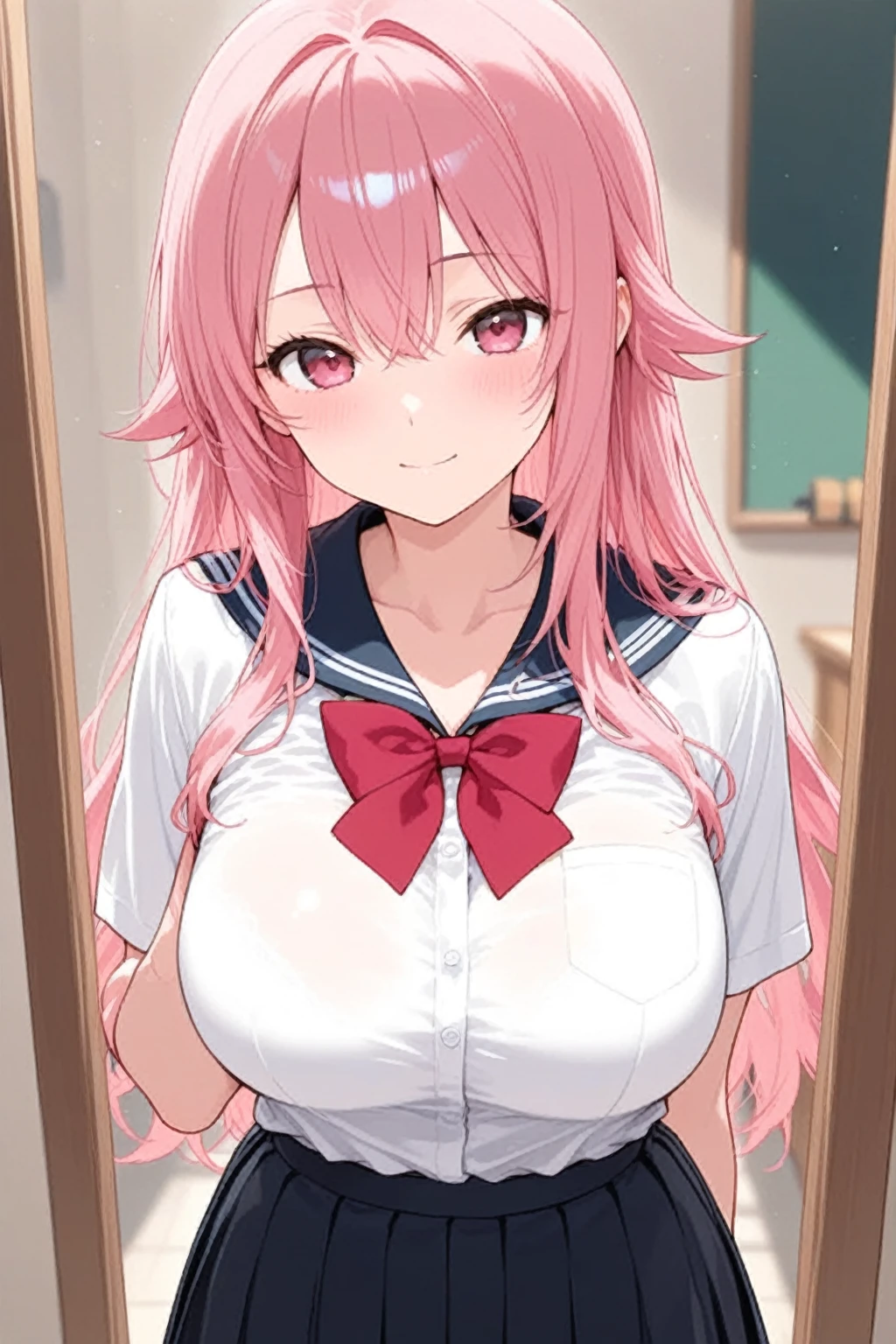 1girl, solo, masterpiece, best quality, nude, nipples, upper body, indoors, pink hair, pink eyes, closed mouth, long hair, blue bowtie, huge breasts, <lora:nheartg4:0.95>, nheartg