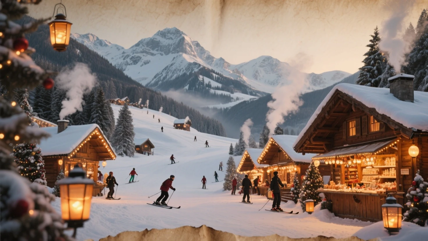 Romanticism period masterpiece depicting a jubilant holiday setting, families gathering in a snowy village square, children playing with wooden toys, couples skating on a frozen pond, framed by evergreen trees dusted with snow, warm glow from cottage windows, distant mountains catching the last light of day, oil on canvas texture, dramatic lighting, soft brushstrokes, rich earthy tones intermingled with vibrant holiday reds and greens, ultra fine, 19th-century costume detail, golden ratio