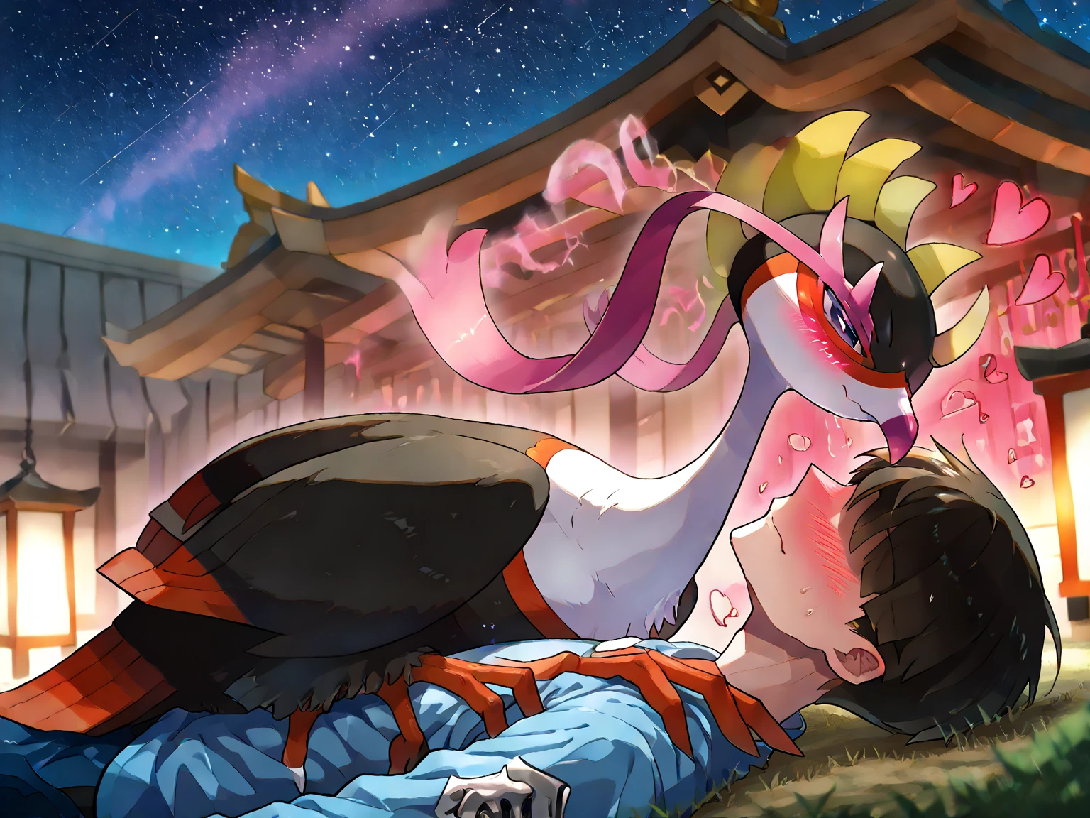 solo, male, muscular, delga, scalie, dragon, kneeling, blonde hair, kemono, praying, red body, nude, loincloth, tattoo, green eyes, dragon tail, horn, bust portrait, detailed eyes, outdoors, altar, fire, smoke, forest, candle, night, lowlight, glowing particles, blue firefly, countershading<lora:delga_noob1.1_v1.0:1>
 BREAK konya karasue, 
 BREAK masterpiece, best quality, amazing quality, very aesthetic,highres, absurdres,