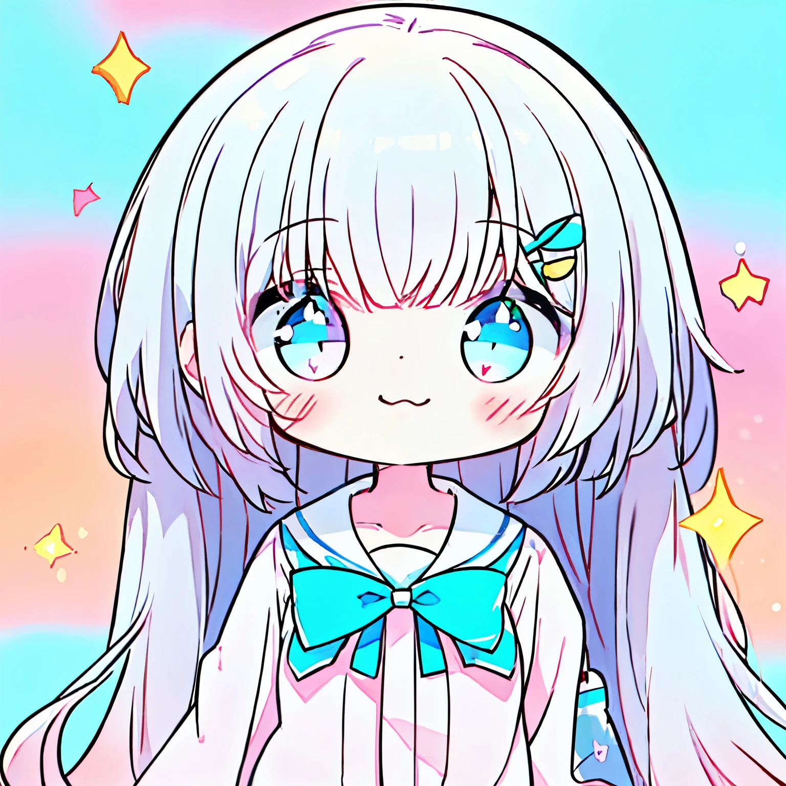 nozochibi, chibi, simple background, upper body,chibi,chibi style, chibi, adorable, cute mascot, kawaii, moe, tsurime eyes, face close-up, big eyelashes, ((RAW photo), absurd, (absurdresolution)), masterpiece, best quality, (Extremely detailed 8k unity CG wallpaper), (best illustration), (best shadow), beautiful detailed glow, ((science mascot)), anime girl, pastel lavender hair with light blue tips, fluffy hair, star-shaped hairclips, sparkling teal eyes, bright glowing eyes, highly detailed eyes, cute expression, playful and curious look, looking at the viewer, masterpiece, top quality, amazing quality, Exquisite Details, very detailed, bright pastel colors, youthful, small lab coat over pastel school uniform with pink ribbon and sky-blue skirt, surrounded by floating icons of atom, leaf, and tiny rocket, pale soft skin, blushing, dynamic angle, upper body cut, cute stickers on her face, glowing pastel aesthetic, ultra kawaii chibi illustration, cutest artstyle, adorable anime mascot vibes, eyes sparkling like jewels, dreamy kawaii sparkling eyes, smiling, only one sparkle eye