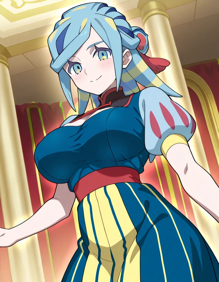 傑作、best quality、best resolution、best image quality、amazing quality、 very aesthetic、 absurdres、anime coloring、anime screencap、anime screenshot、<lora:pokemon_grusha_ponyXL:0.8>、1woman、pokemon grusha、solo、long hair、aqua eyes、blue hair、green hair、aqua hair、multicolored hair、hair bun、睫毛、half up hair、covered breasts、big breasts、very large breasts、covered boobs、large boobs、mature female、<lora:snow-white-cosplay-illustriousxl-lora-nochekaiser:1>、snow white cosplay、snow white (disney) (cosplay)、cosplay、dress、red hair bow、puffy and slash sleeves、puffy short sleeves、puffy sleeves、red bow、light blue short sleeves、yellow skirt、dark blue dress、stage、stage set、standing、indoors、smile、blush、looking at viewer、cowboy shot、dutch angle、