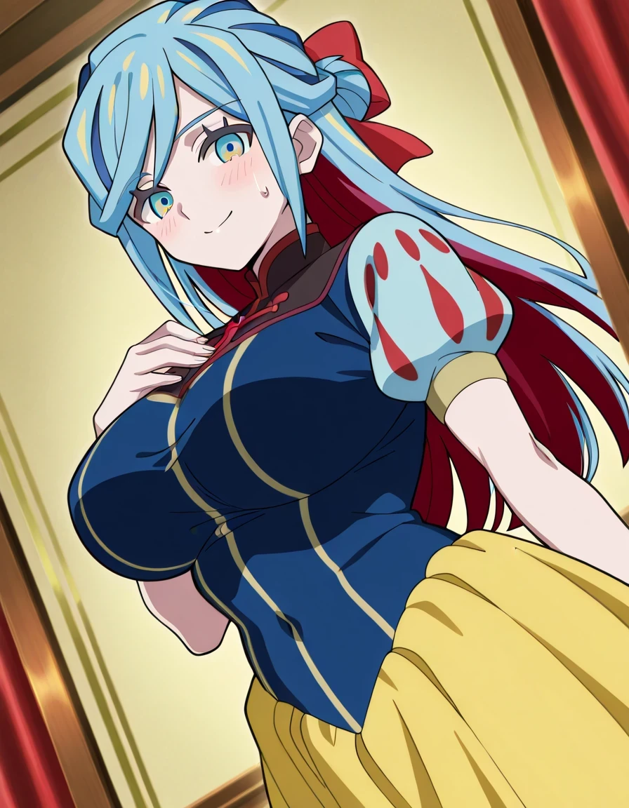 傑作、best quality、best resolution、best image quality、amazing quality、 very aesthetic、 absurdres、anime coloring、anime screencap、anime screenshot、<lora:PokeBoyGrushaXL_Exotica:0.8>、1woman、grusha、solo、long hair、aqua eyes、blue hair、green hair、aqua hair、multicolored hair、hair bun、睫毛、half up hair、covered breasts、big breasts、very large breasts、covered boobs、large boobs、mature female、<lora:snow-white-cosplay-illustriousxl-lora-nochekaiser:1>、snow white cosplay、snow white (disney) (cosplay)、cosplay、dress、red hair bow、puffy and slash sleeves、puffy short sleeves、puffy sleeves、red bow、light blue short sleeves、yellow skirt、dark blue dress、stage、stage set、standing、indoors、smile、blush、looking at viewer、cowboy shot、dutch angle、