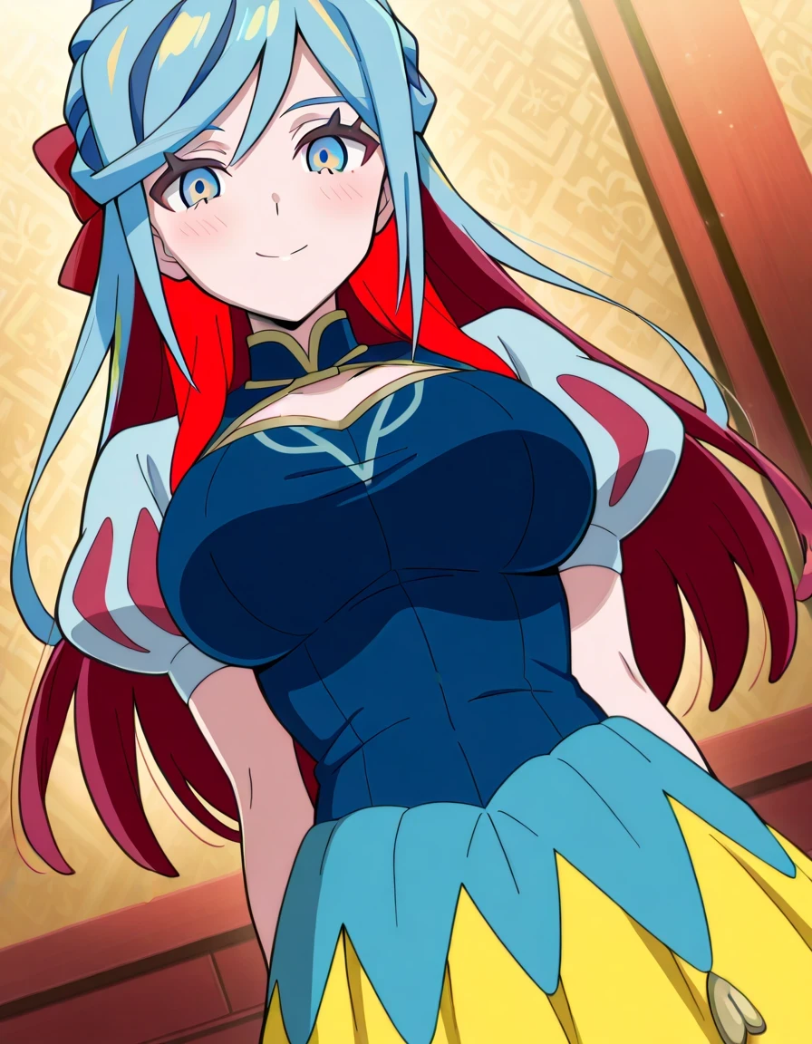 傑作、best quality、best resolution、best image quality、amazing quality、 very aesthetic、 absurdres、anime coloring、anime screencap、anime screenshot、<lora:PokeBoyGrushaXL_Exotica:0.8>、1woman、grusha、solo、long hair、aqua eyes、blue hair、green hair、aqua hair、multicolored hair、hair bun、睫毛、half up hair、covered breasts、big breasts、very large breasts、covered boobs、large boobs、mature female、<lora:snow-white-cosplay-illustriousxl-lora-nochekaiser:1>、snow white cosplay、snow white (disney) (cosplay)、cosplay、dress、red hair bow、puffy and slash sleeves、puffy short sleeves、puffy sleeves、red bow、light blue short sleeves、yellow skirt、dark blue dress、stage、stage set、standing、indoors、smile、blush、looking at viewer、cowboy shot、dutch angle、